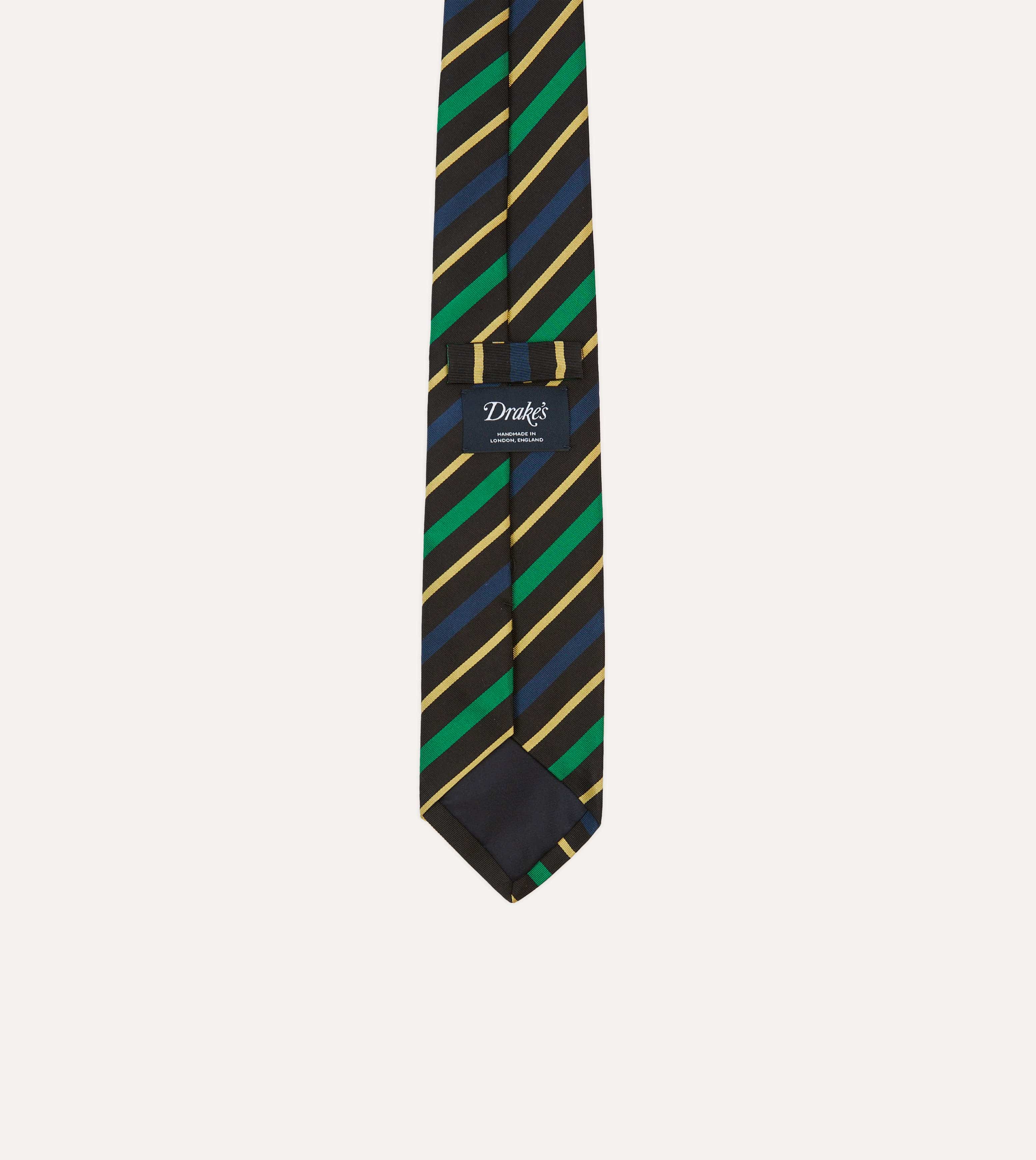 Black, Blue, Green and Yellow Multi Stripe Mogador Silk Tipped Tie - Image 4