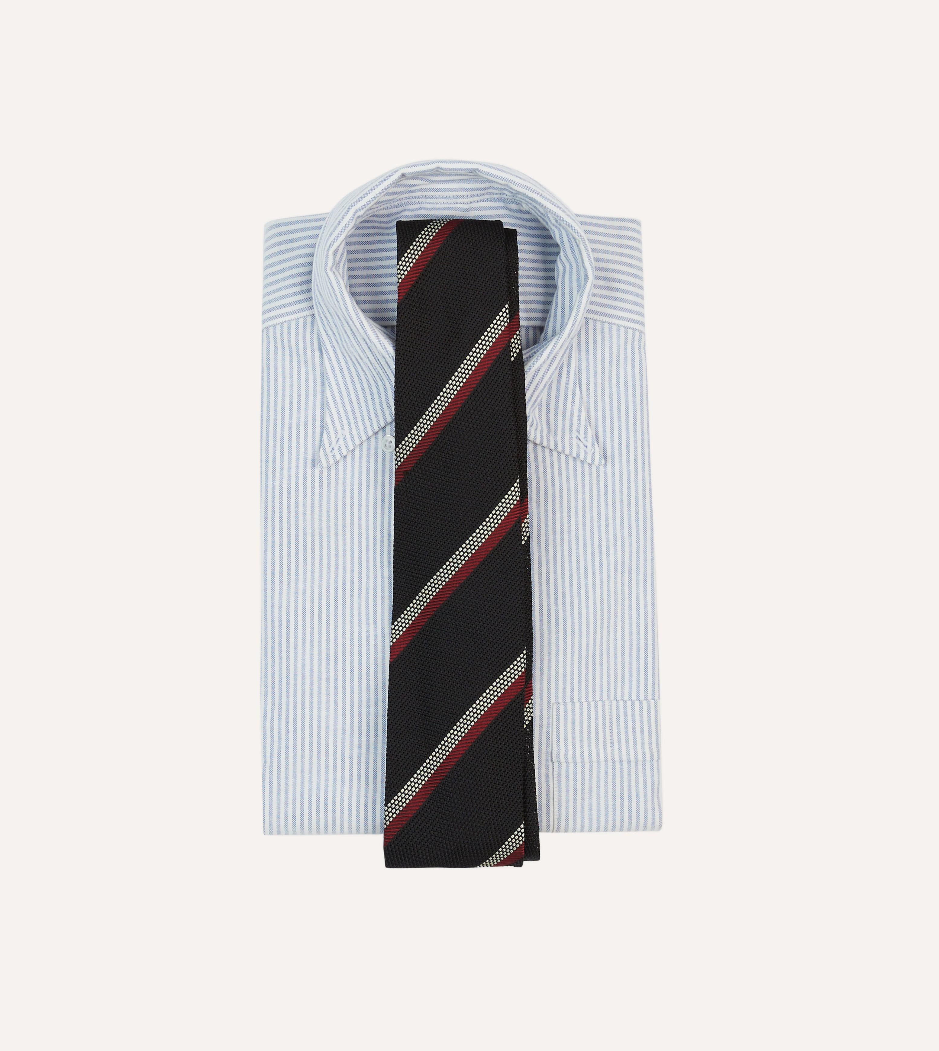 Black, White and Red Stripe Hand Rolled Silk Grenadine Tie - Image 2