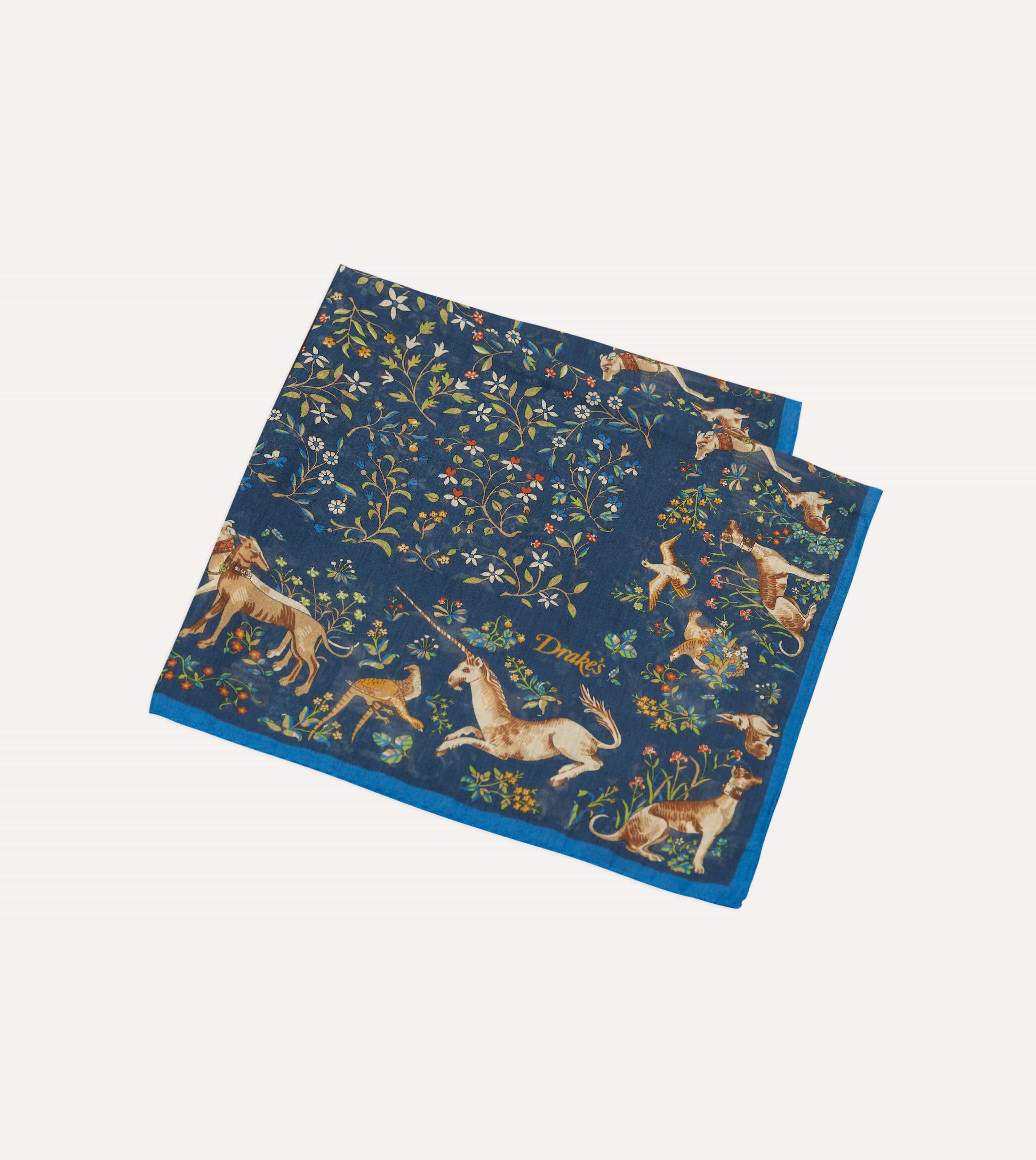 Blue and Navy Unicorn Garden Print Cotton-Silk Pocket Square - Image 4