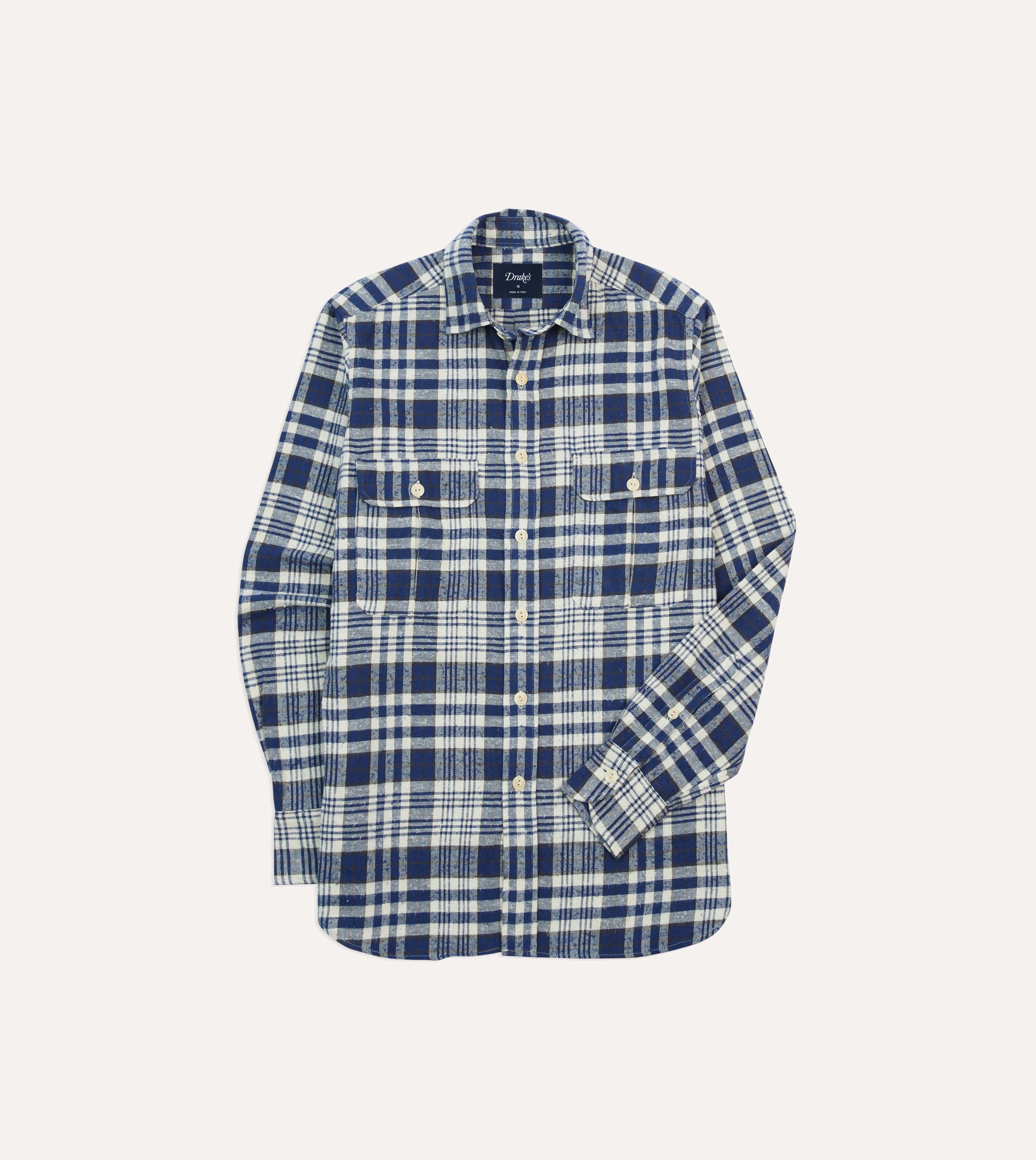 Blue Check Brushed Cotton Two-Pocket Work Shirt