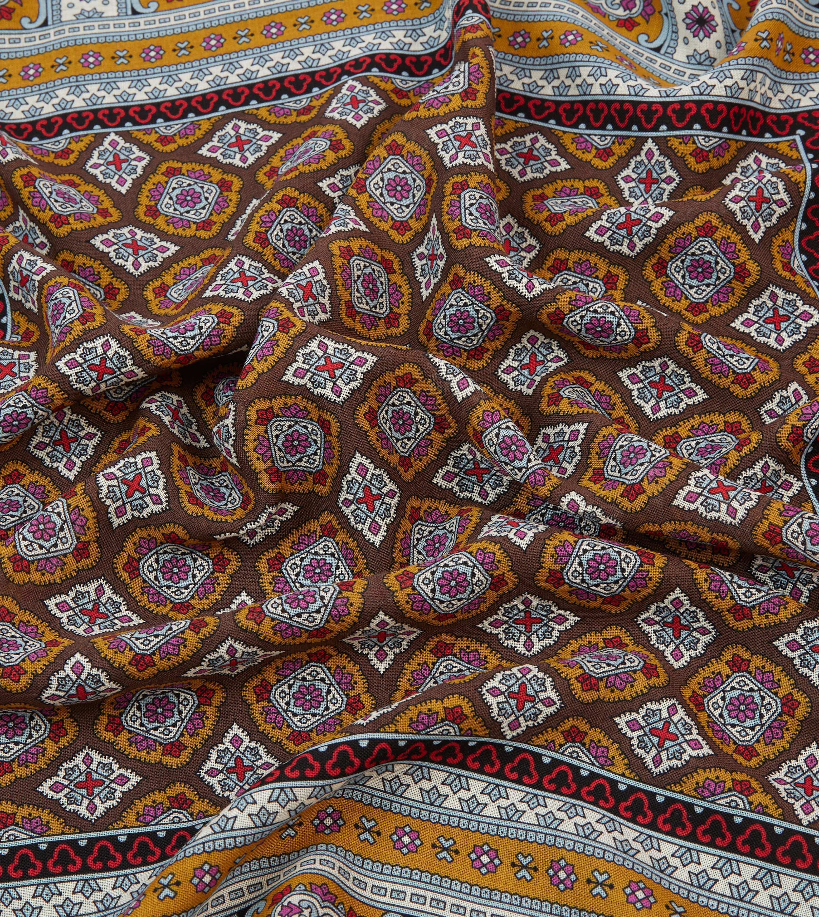 Brown, Blue and Gold Floral Medallion Print Wool-Silk Bandana - Image 2