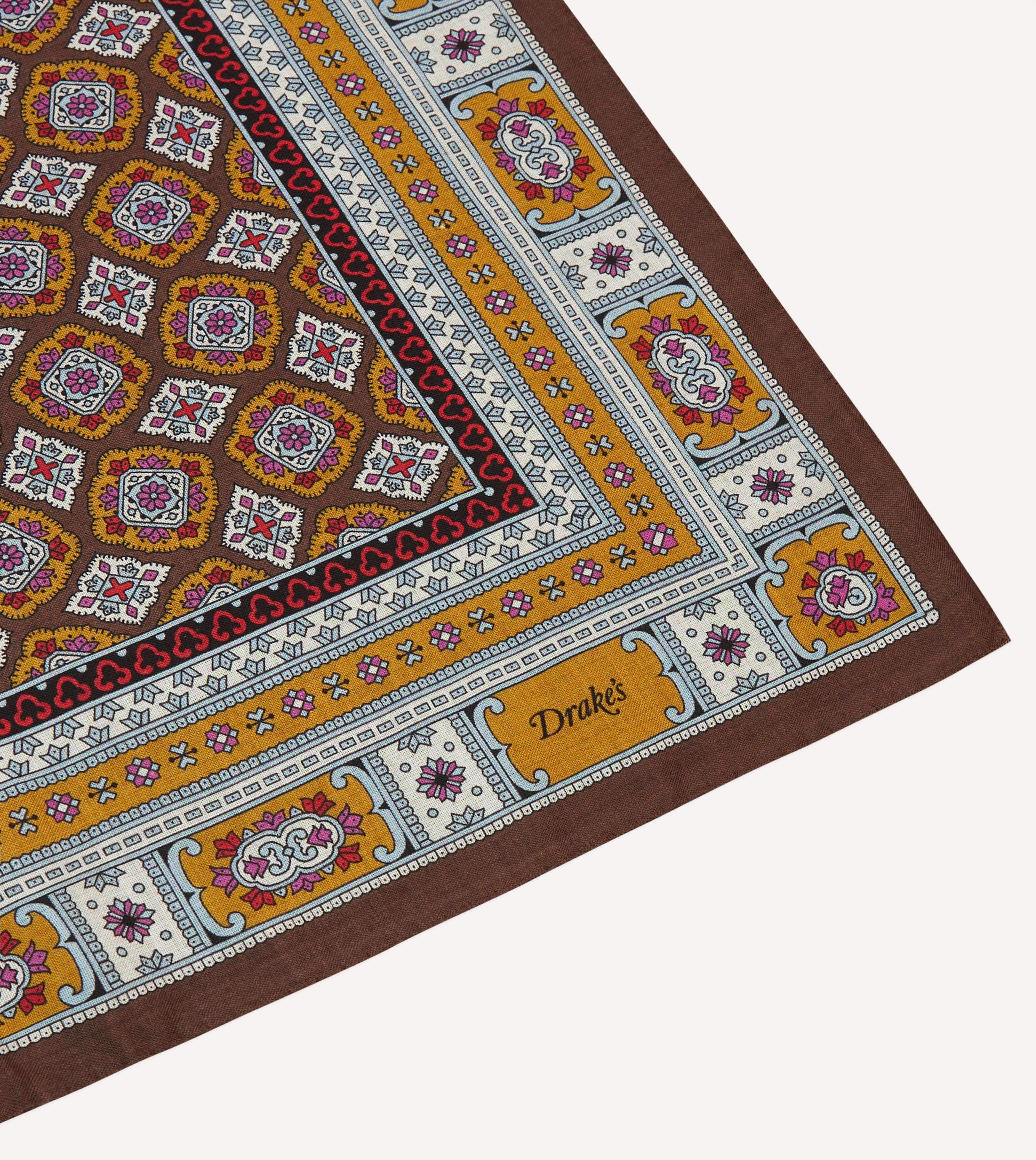 Brown, Blue and Gold Floral Medallion Print Wool-Silk Bandana - Image 3