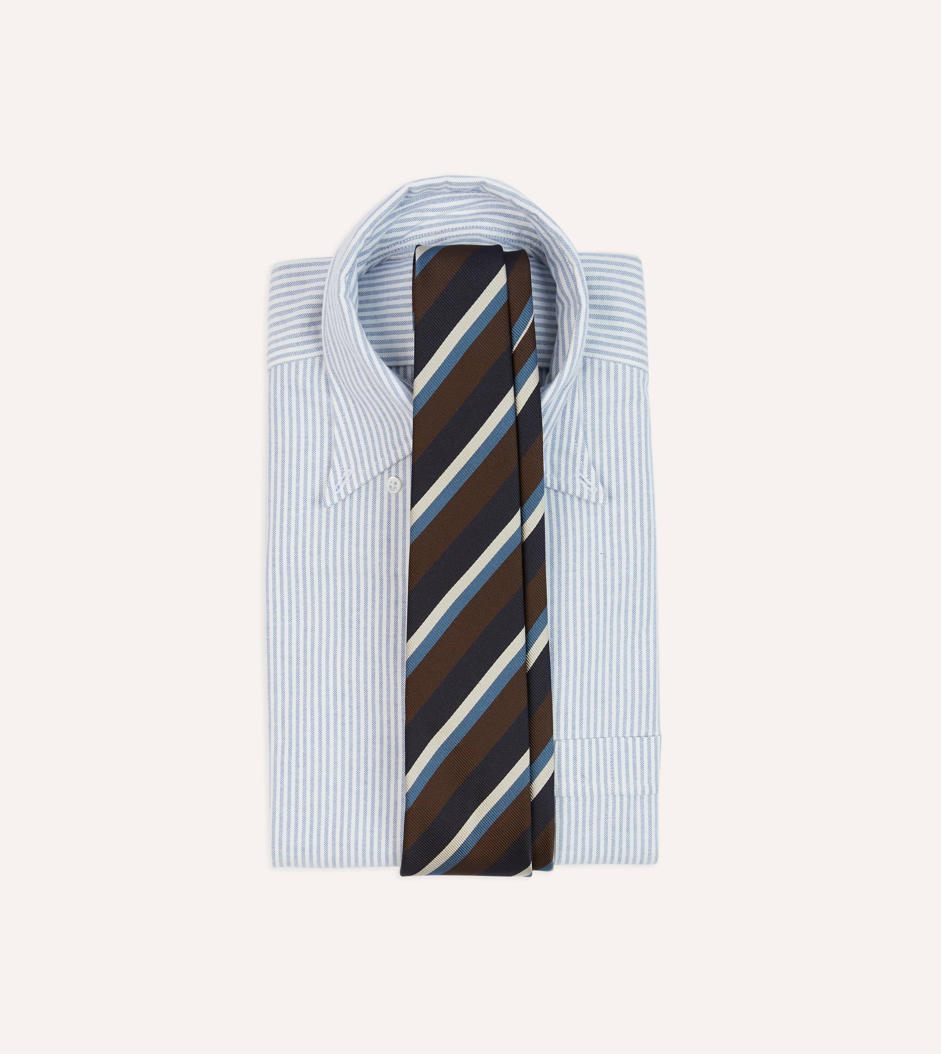 Brown, Blue and White Multi Stripe Mogador Silk Tipped Tie - Image 2