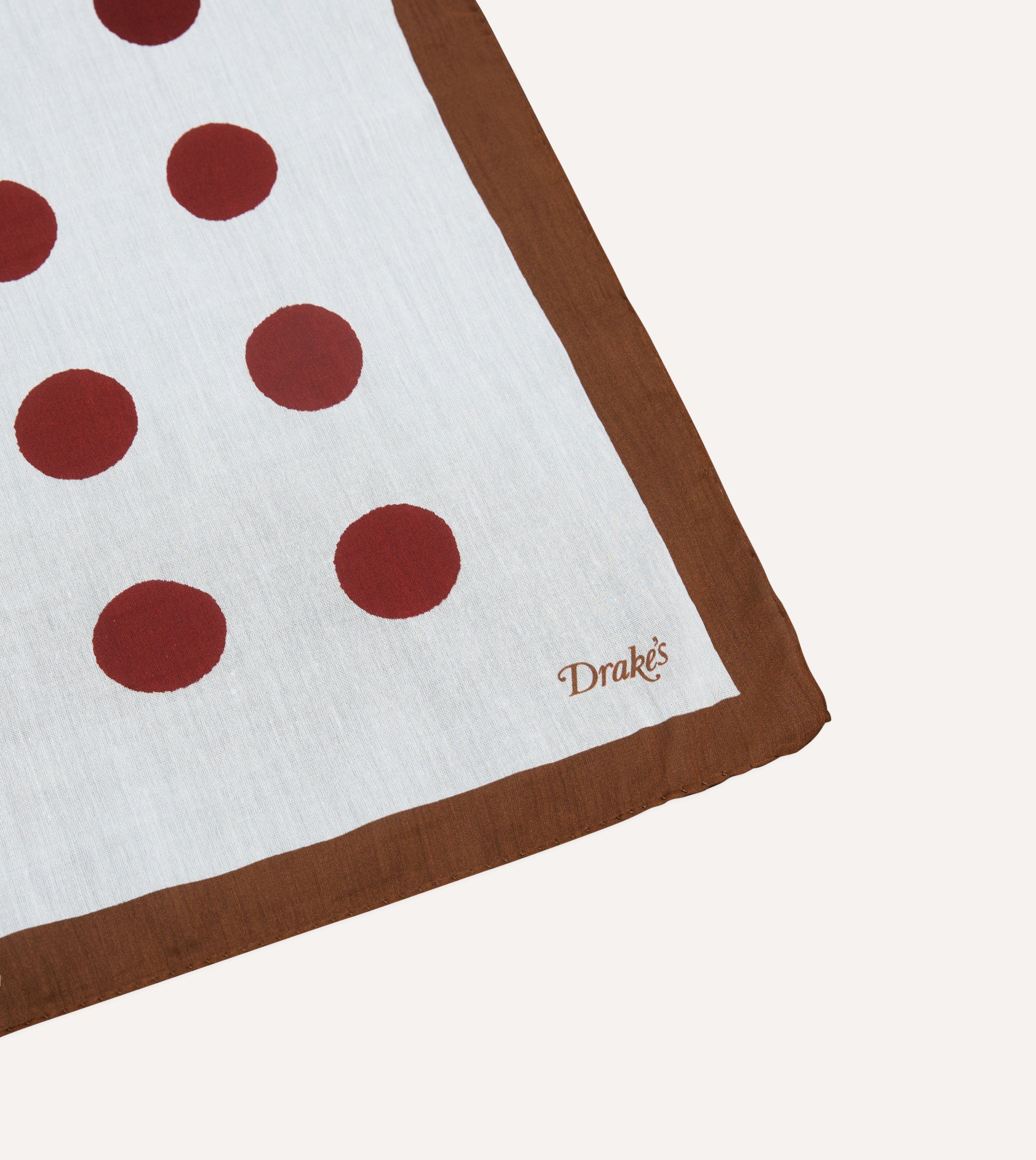 Brown, Ecru and Red Large Spots Print Cotton-Silk Pocket Square - Image 3