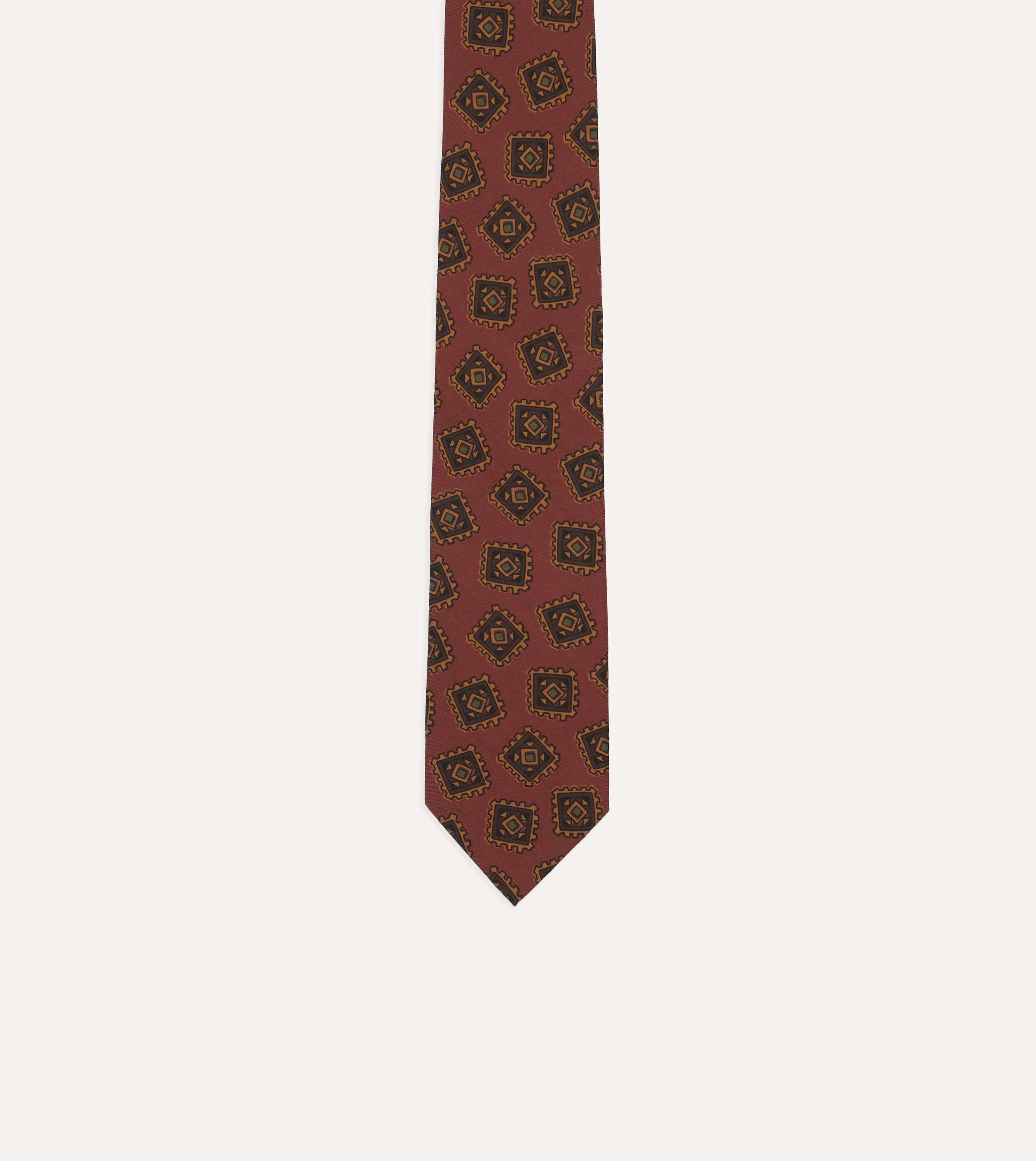 Brown Jumbled Tile Print Wool-Silk Self Tipped Tie - Image 3