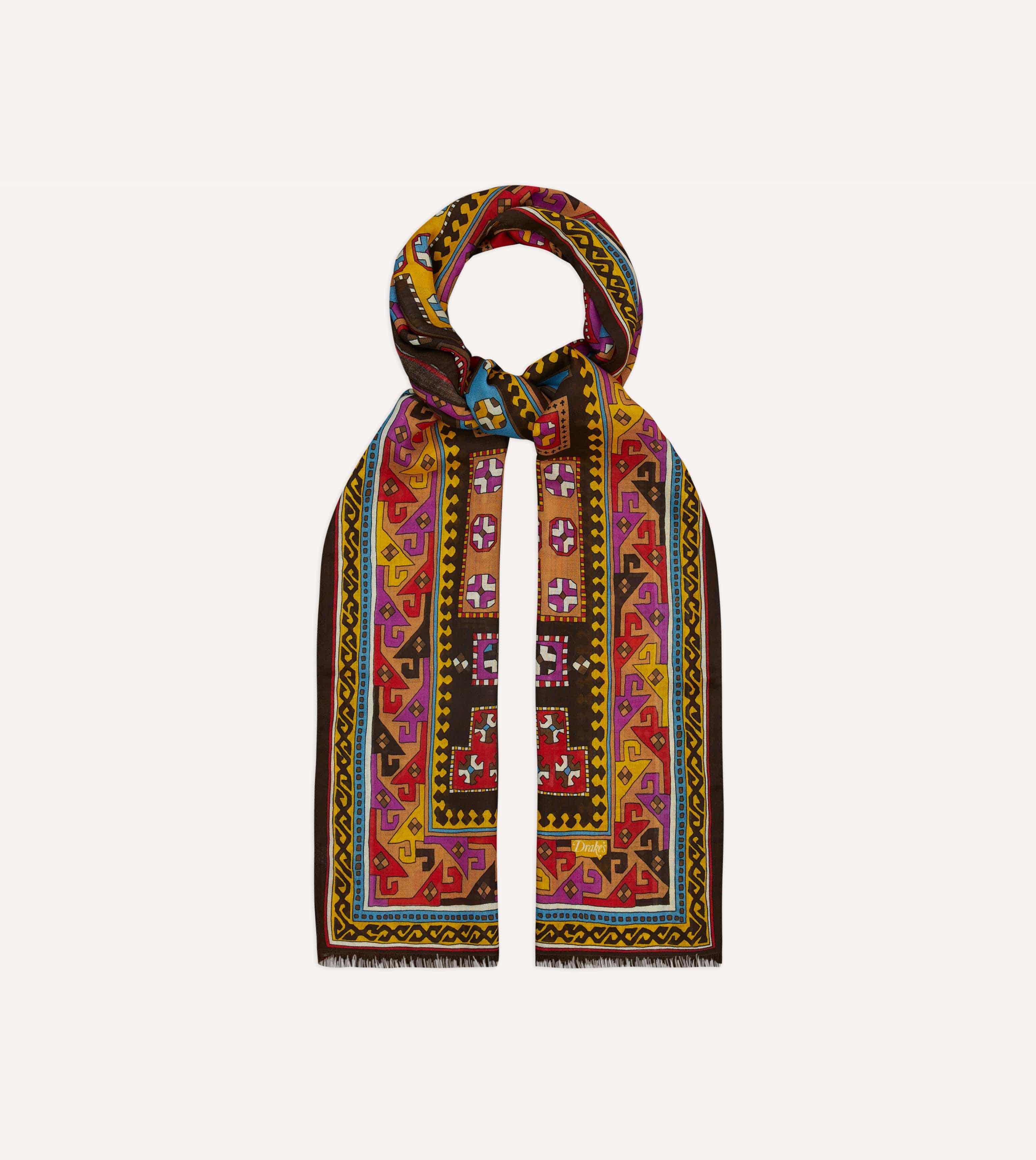 Brown Kilim Print Wool-Silk Scarf - Image 3