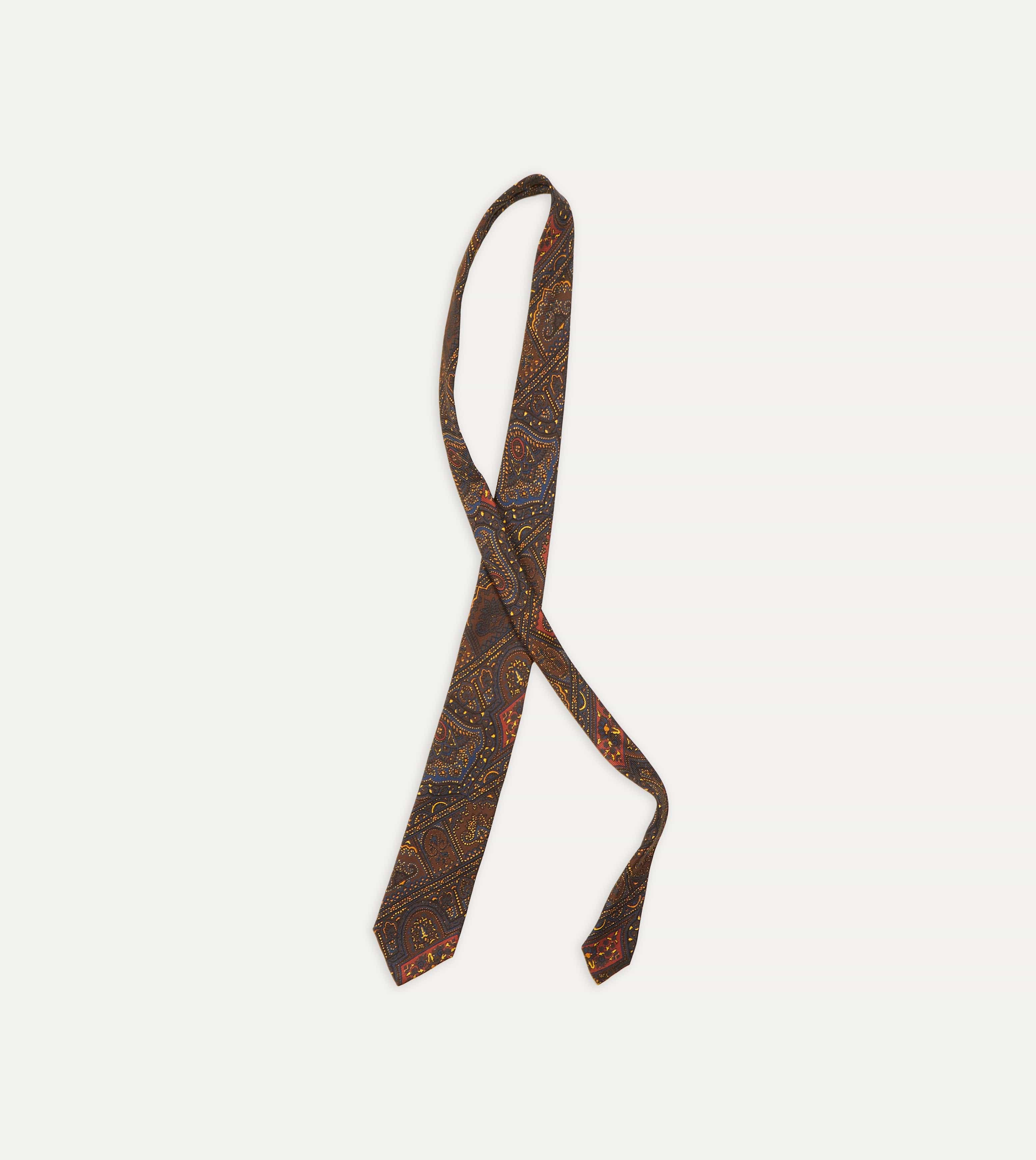 Brown, Navy and Red Paisley Print Madder Twill Silk Tie - Image 3