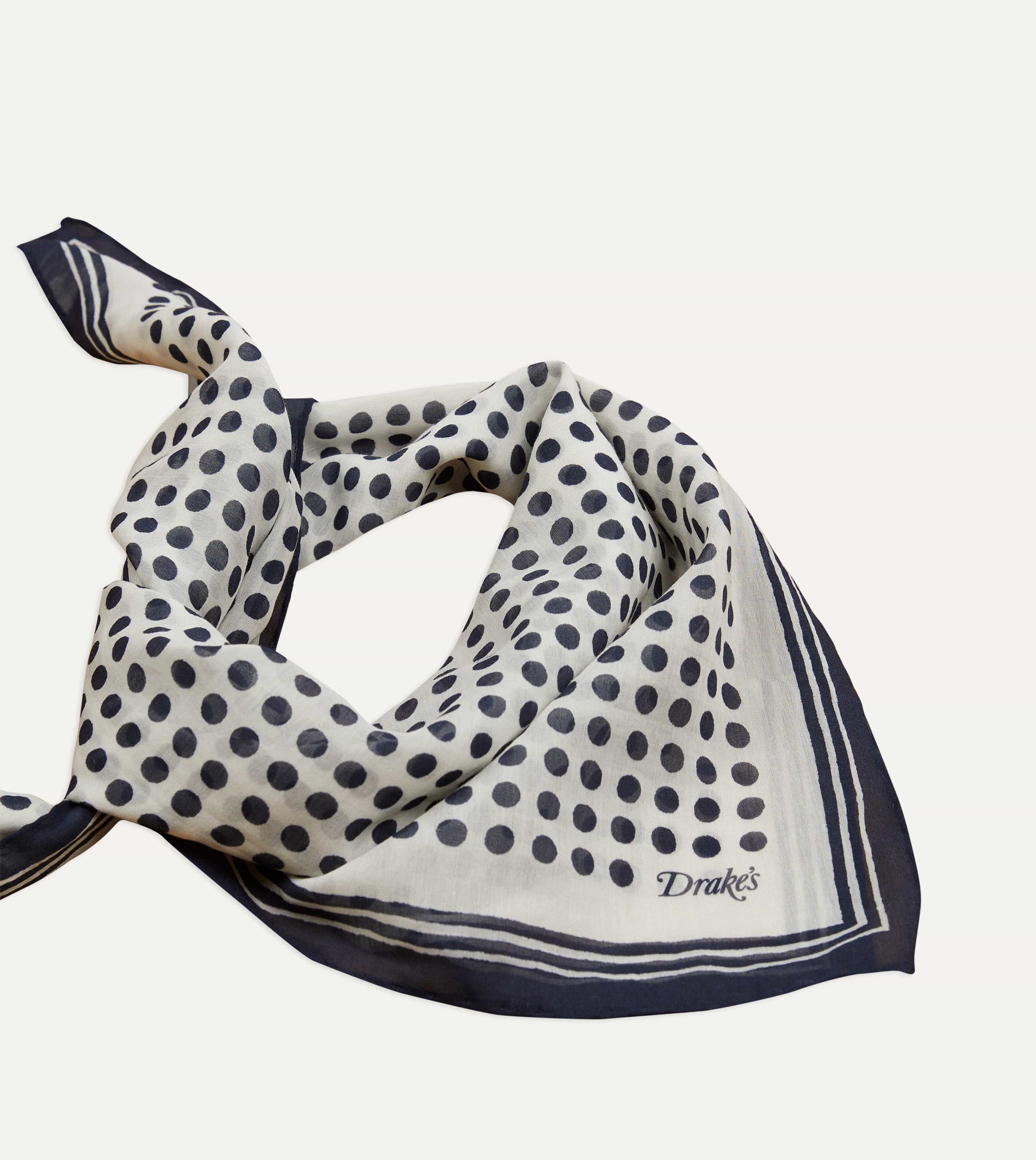 Ecru and Navy Spots Print Silk-Cotton Bandana - Image 4