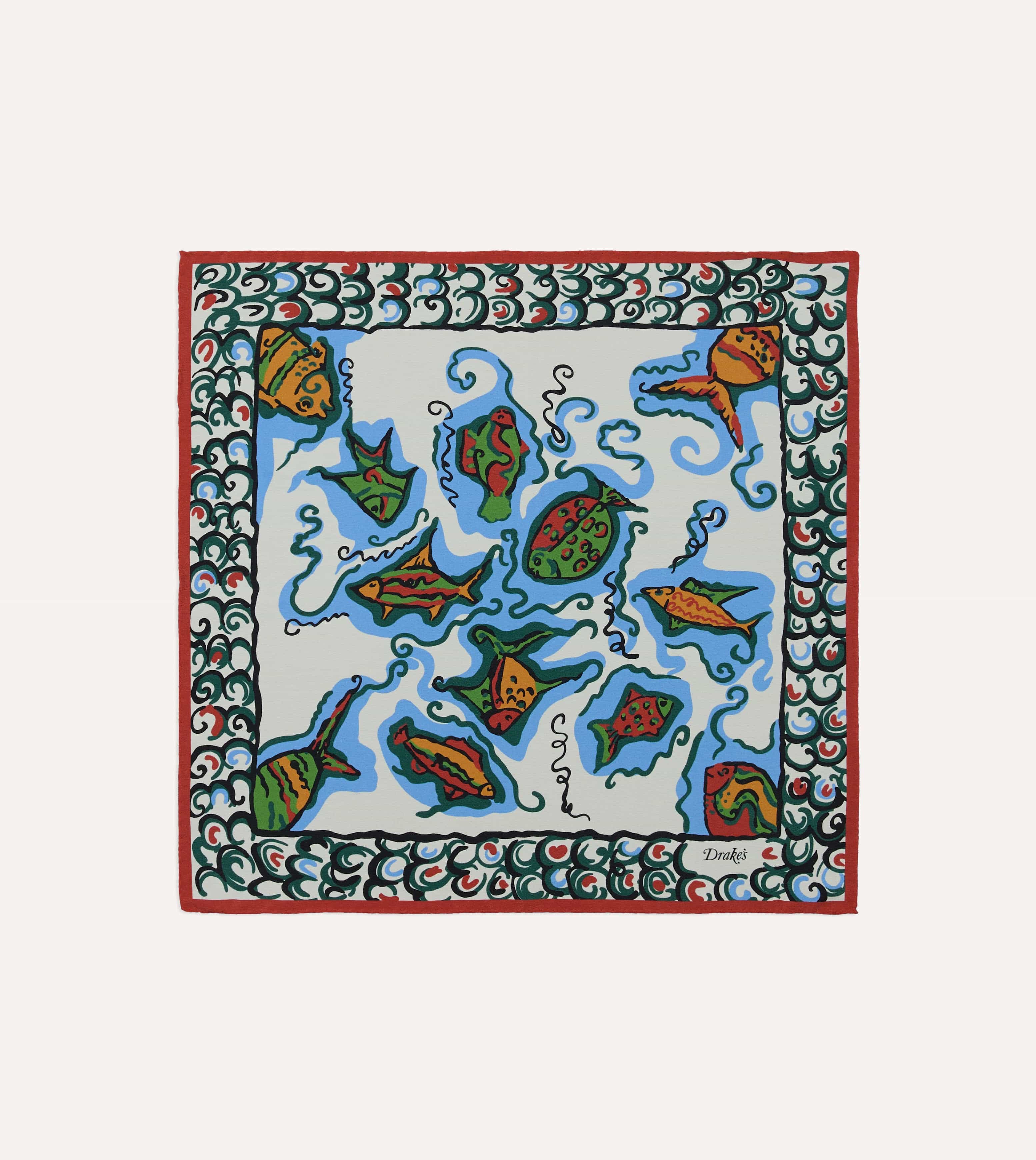 Ecru Fish Print Silk Pocket Square