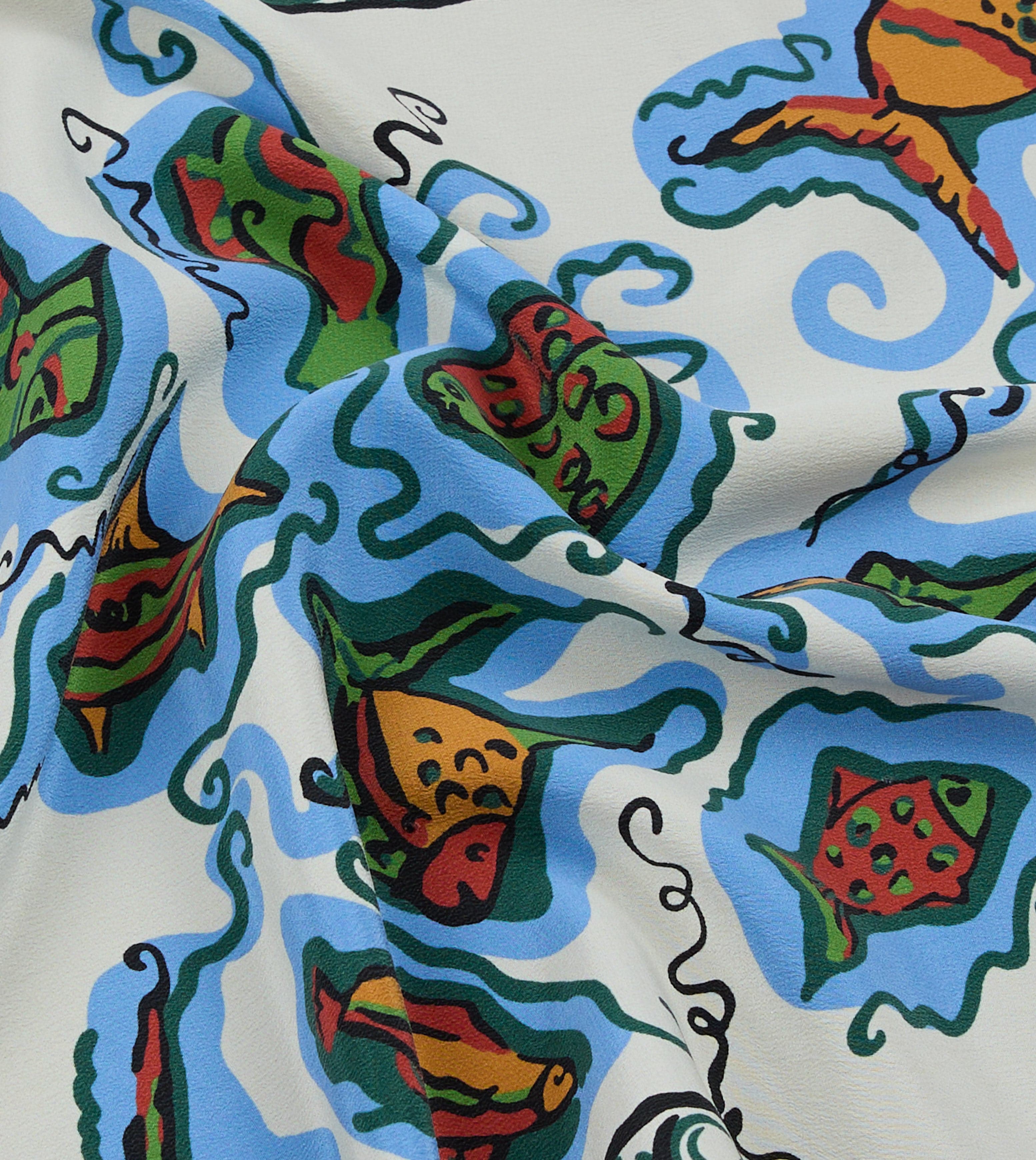 Ecru Fish Print Silk Pocket Square - Image 2