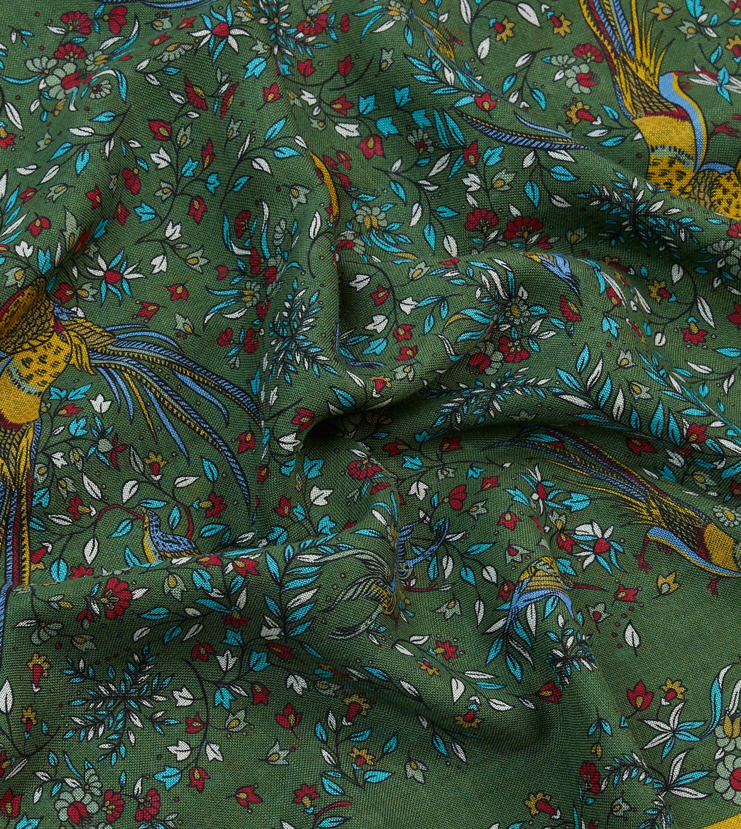 Green Birds of Paradise Print Tubular Wool Silk Scarf - Image 2