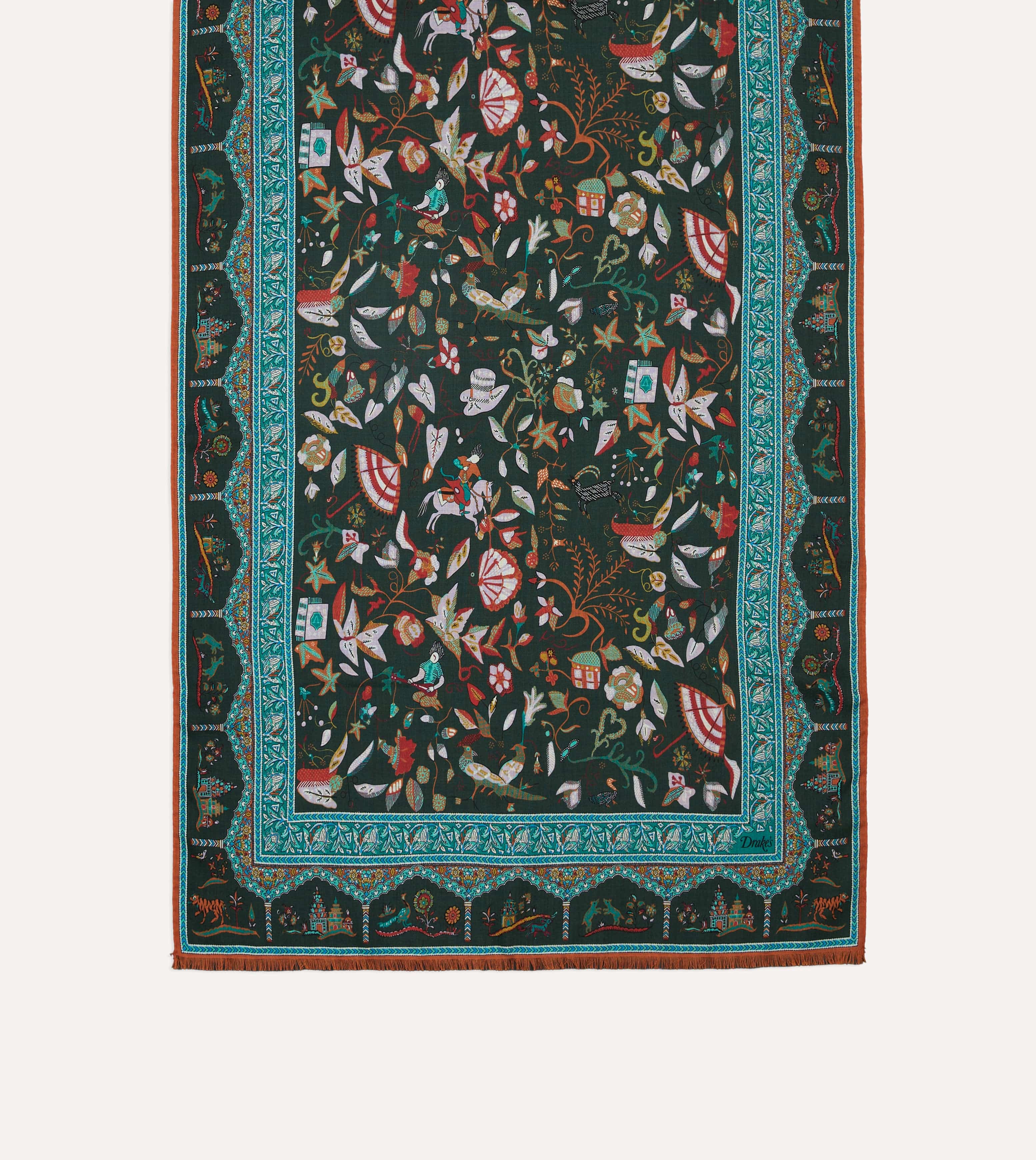 Green Classic Mughal Print Wool Silk Scarf - Image 3