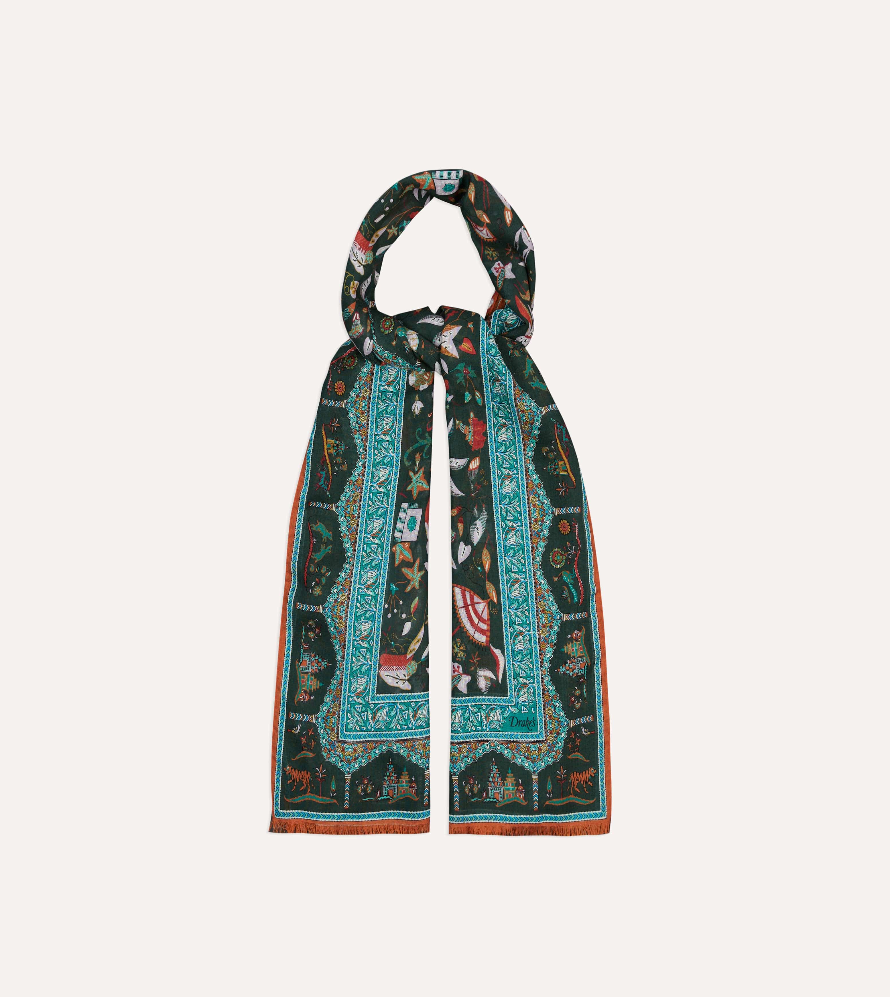 Green Classic Mughal Print Wool Silk Scarf - Image 4