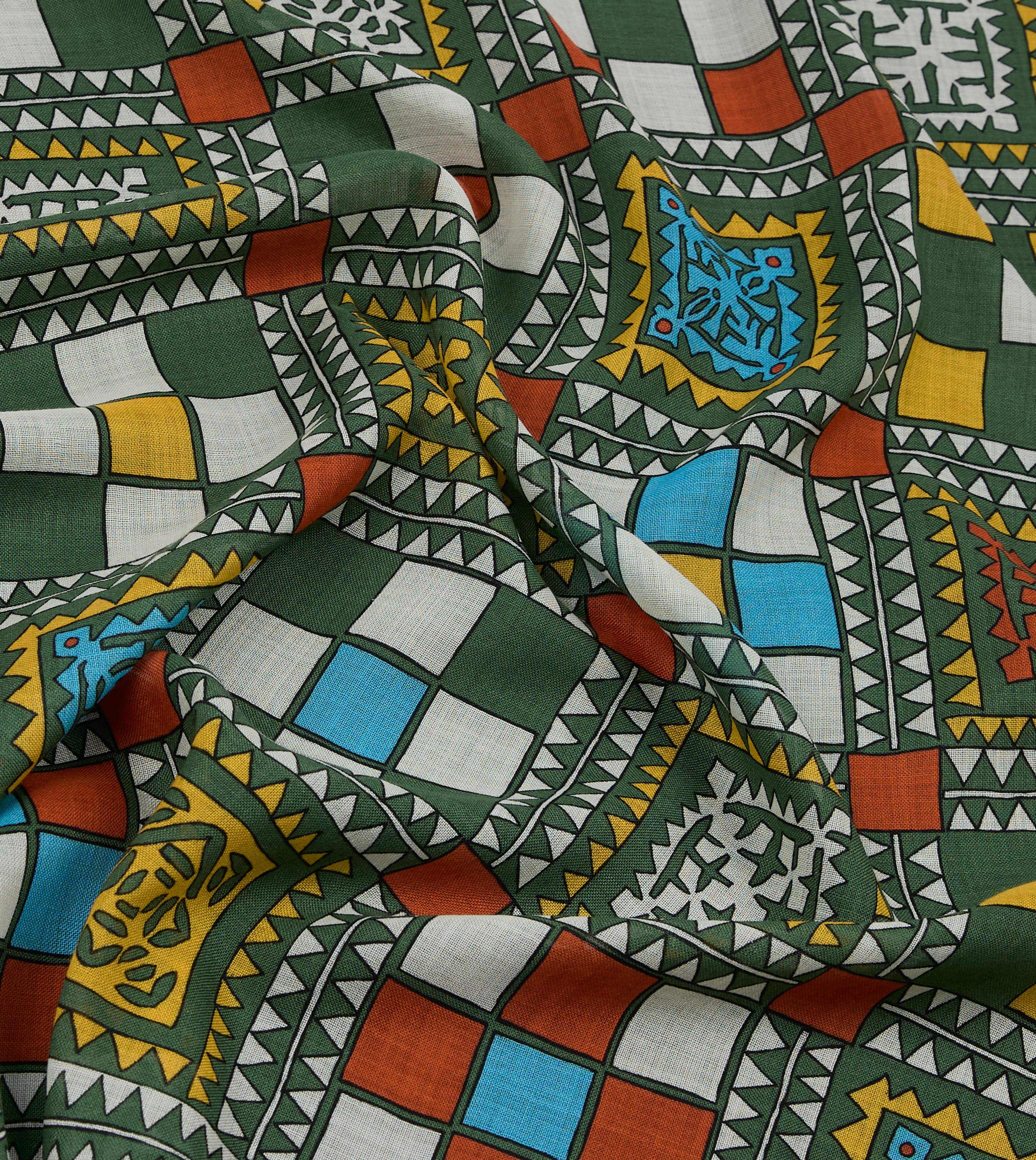 Green Geometric Print Wool Silk Scarf - Image 2