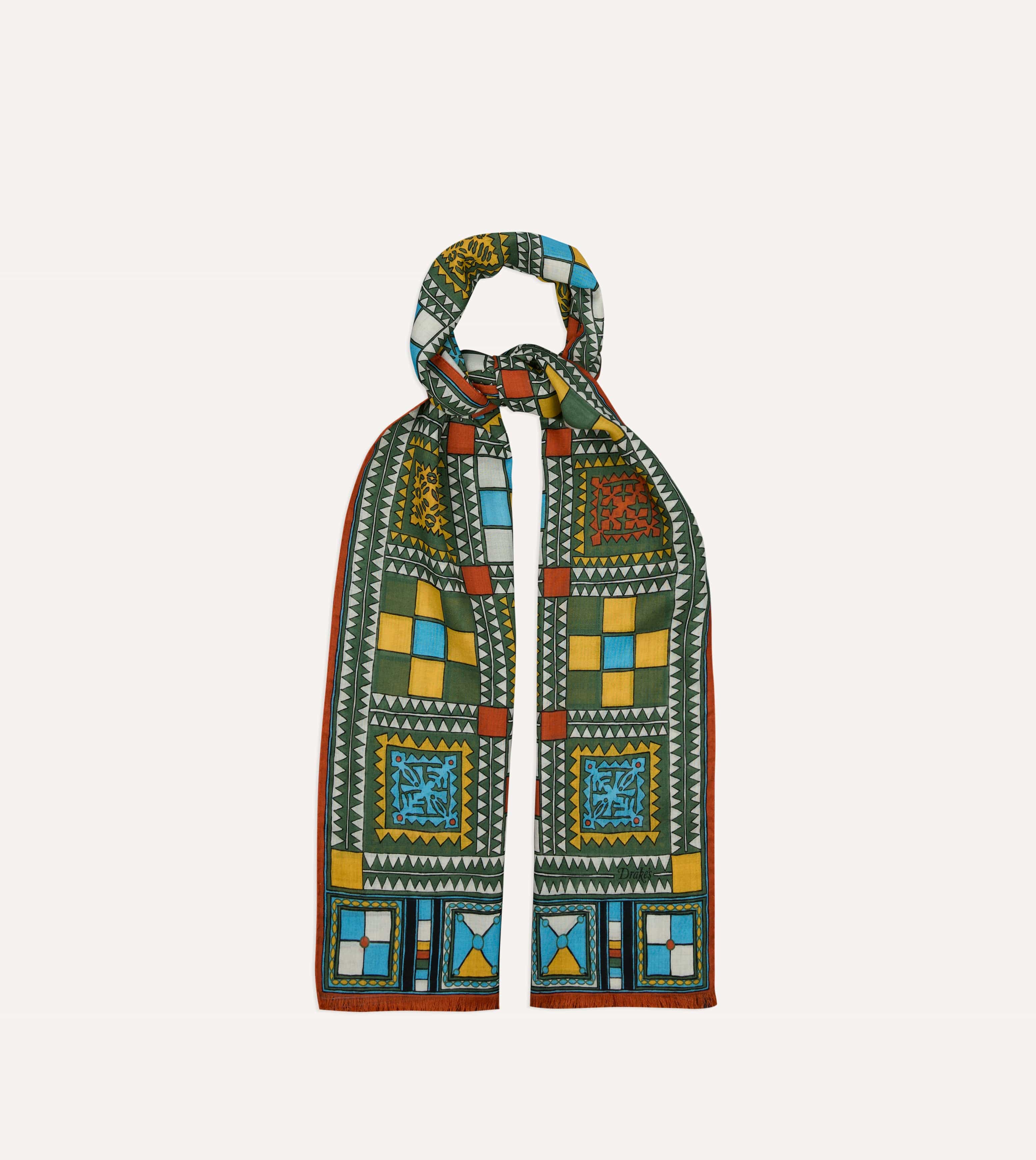 Green Geometric Print Wool Silk Scarf - Image 3
