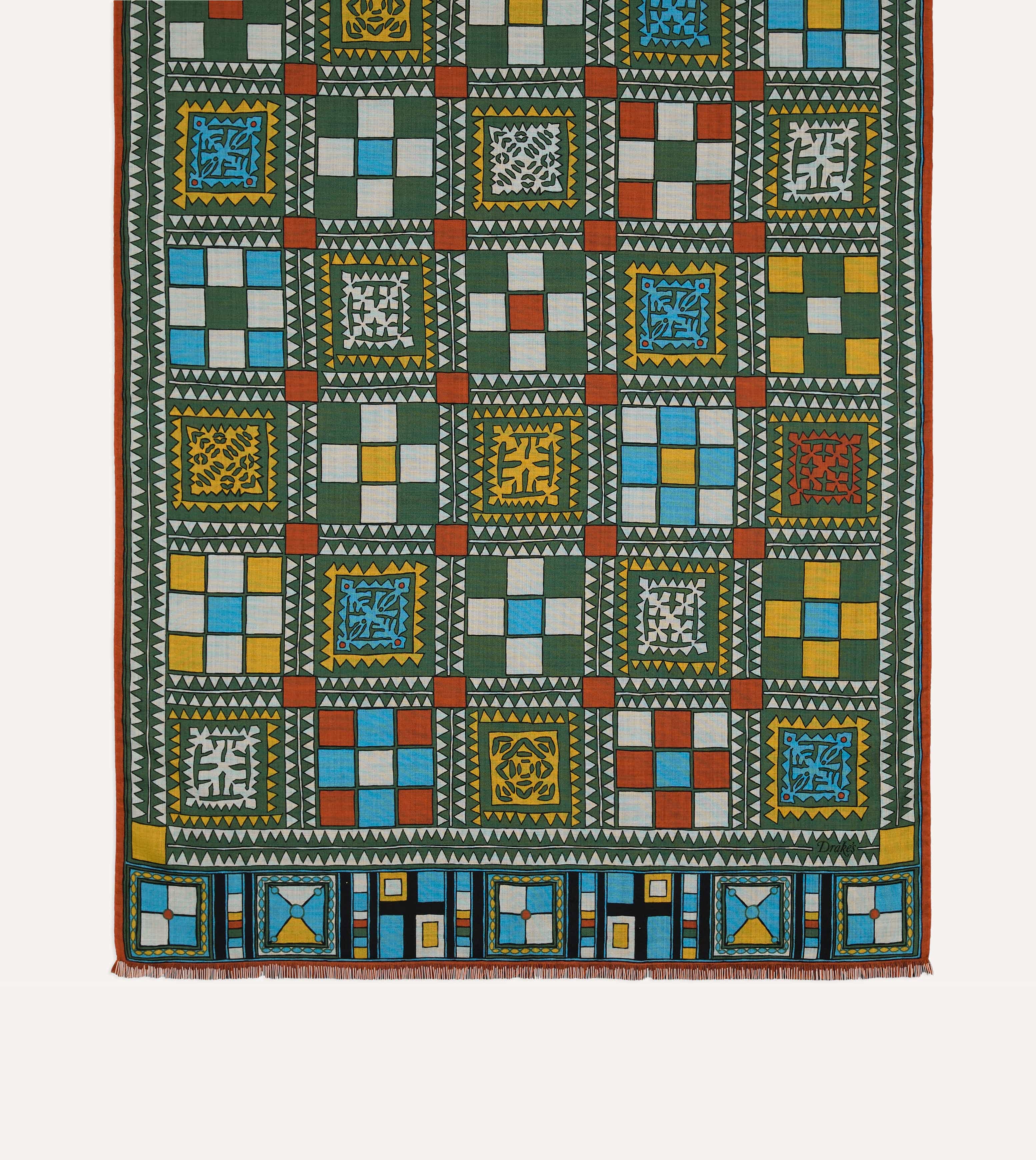 Green Geometric Print Wool Silk Scarf - Image 4