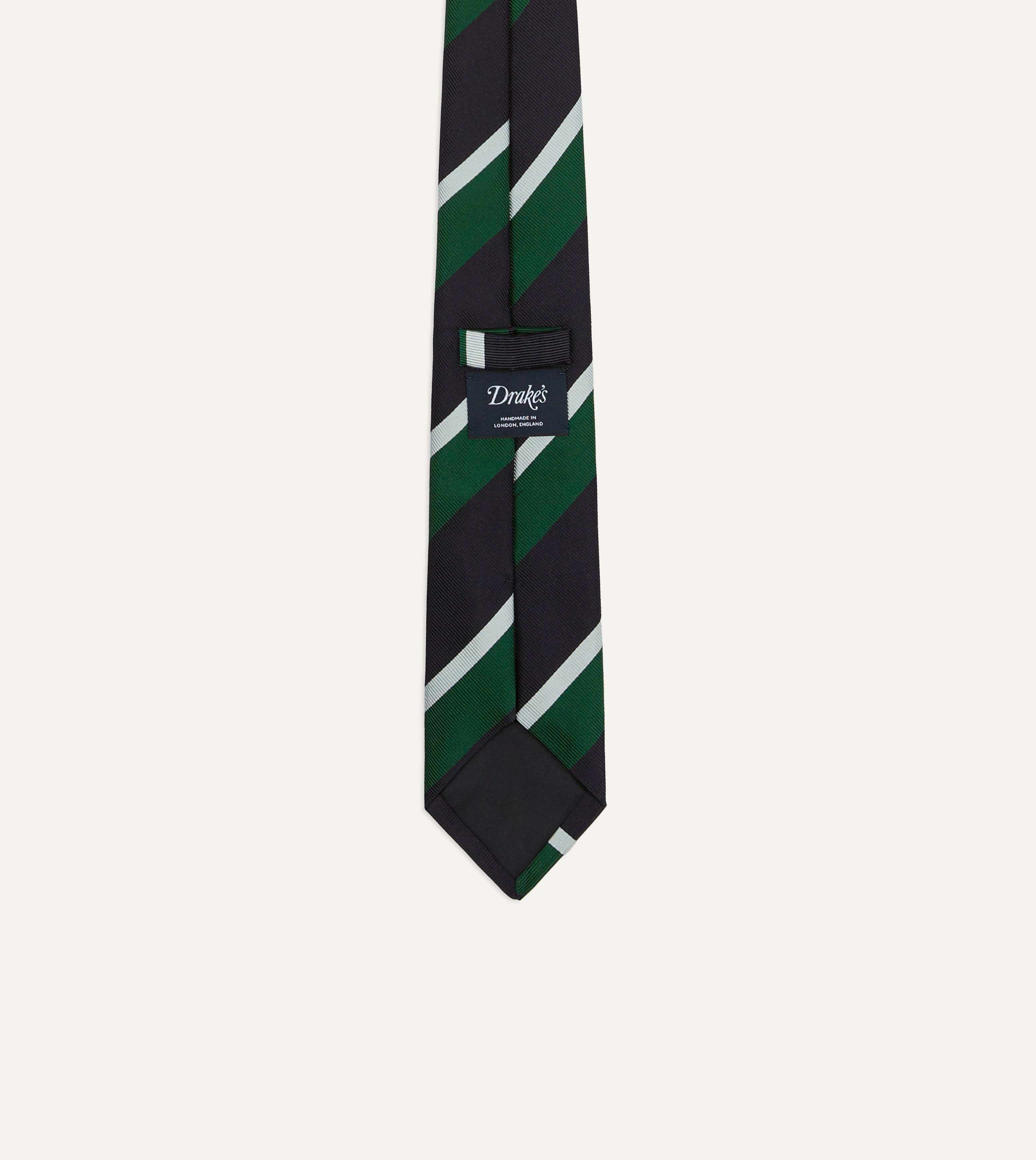 Green, Navy and White Stripe Tipped Repp Silk Tie - Image 4