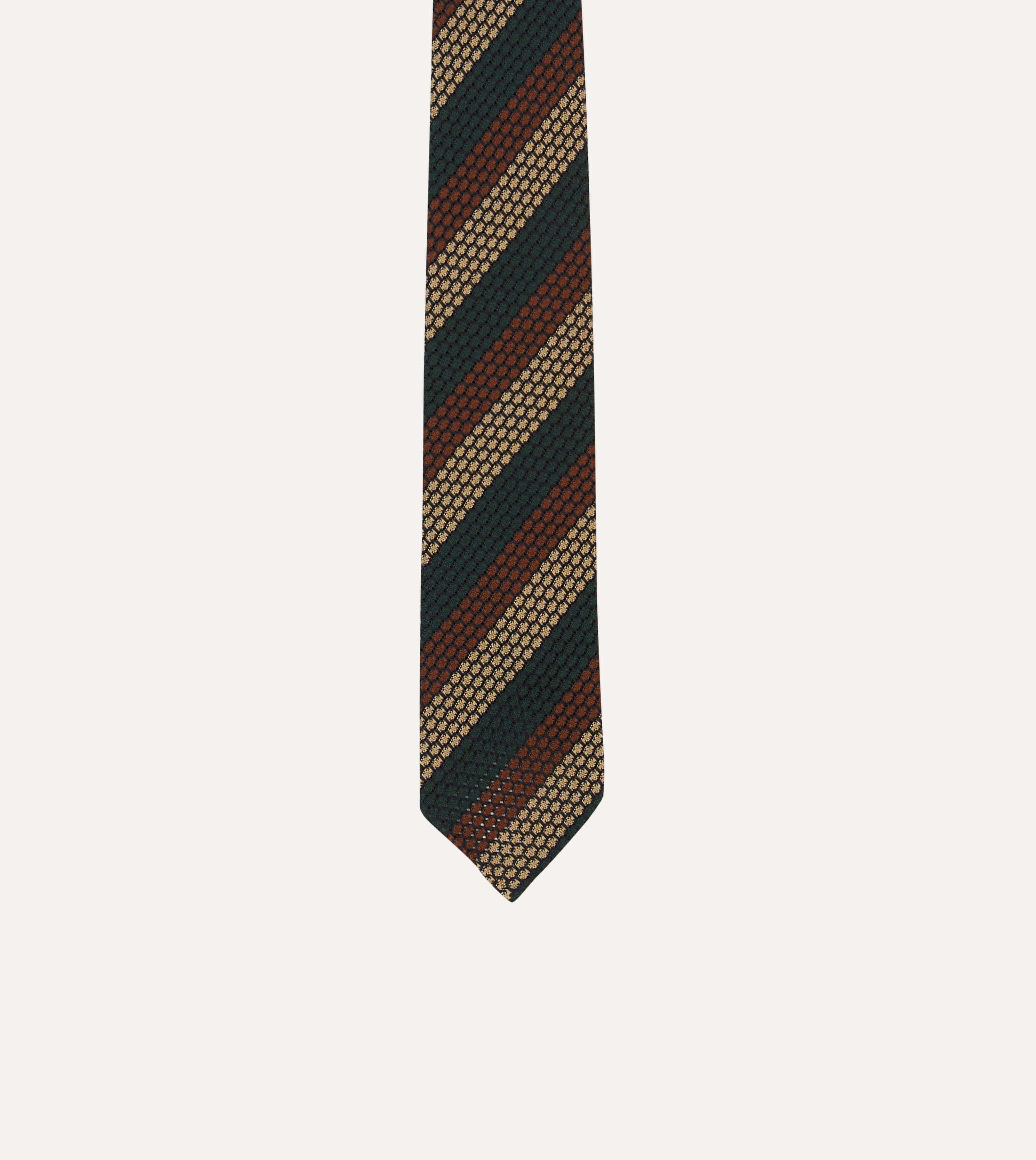 Green, Red and Gold Block Stripe Hand Rolled Silk Grenadine Tie - Image 3