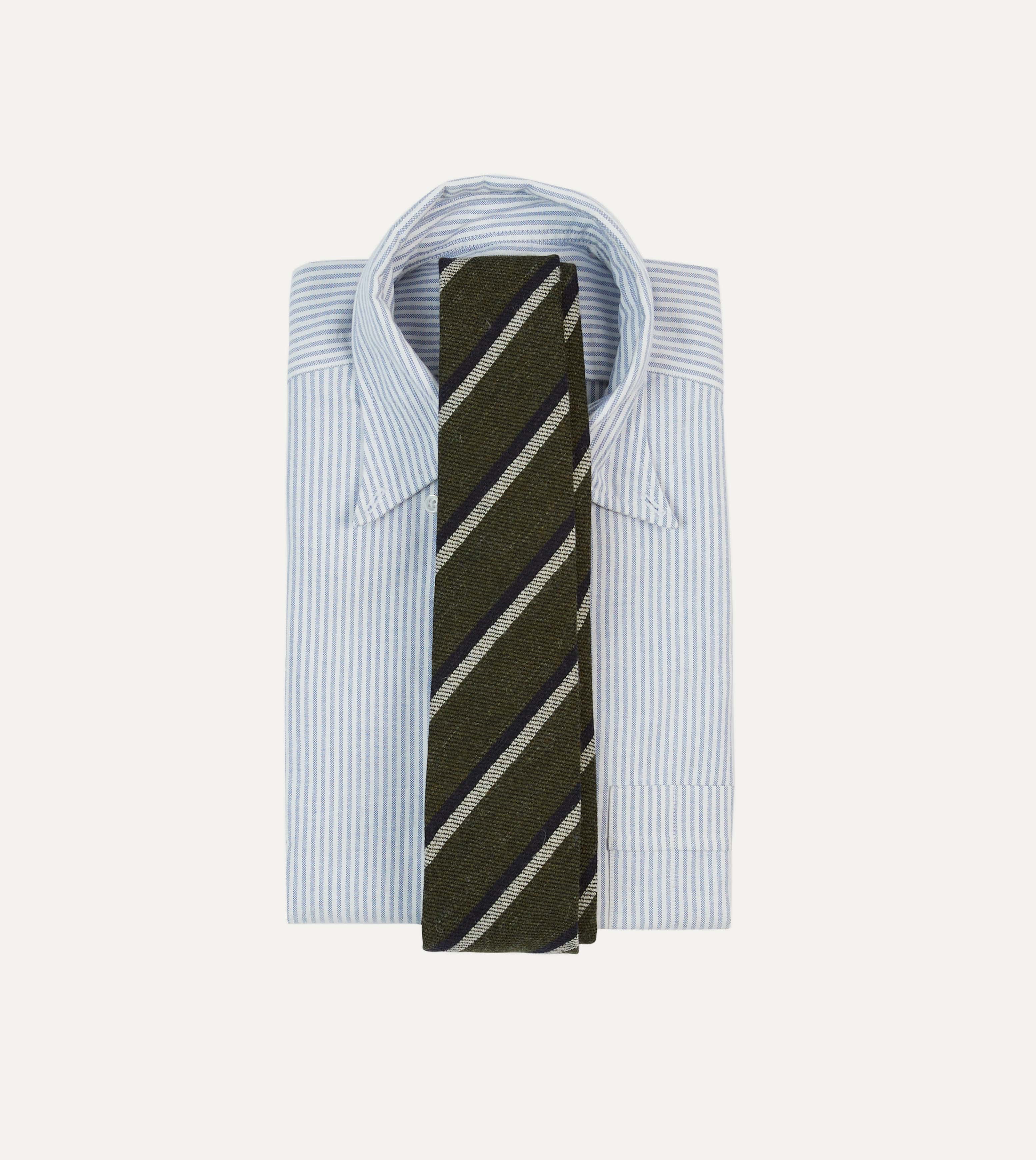 Khaki, White and Navy Double Stripe Tipped Wool Tie - Image 2