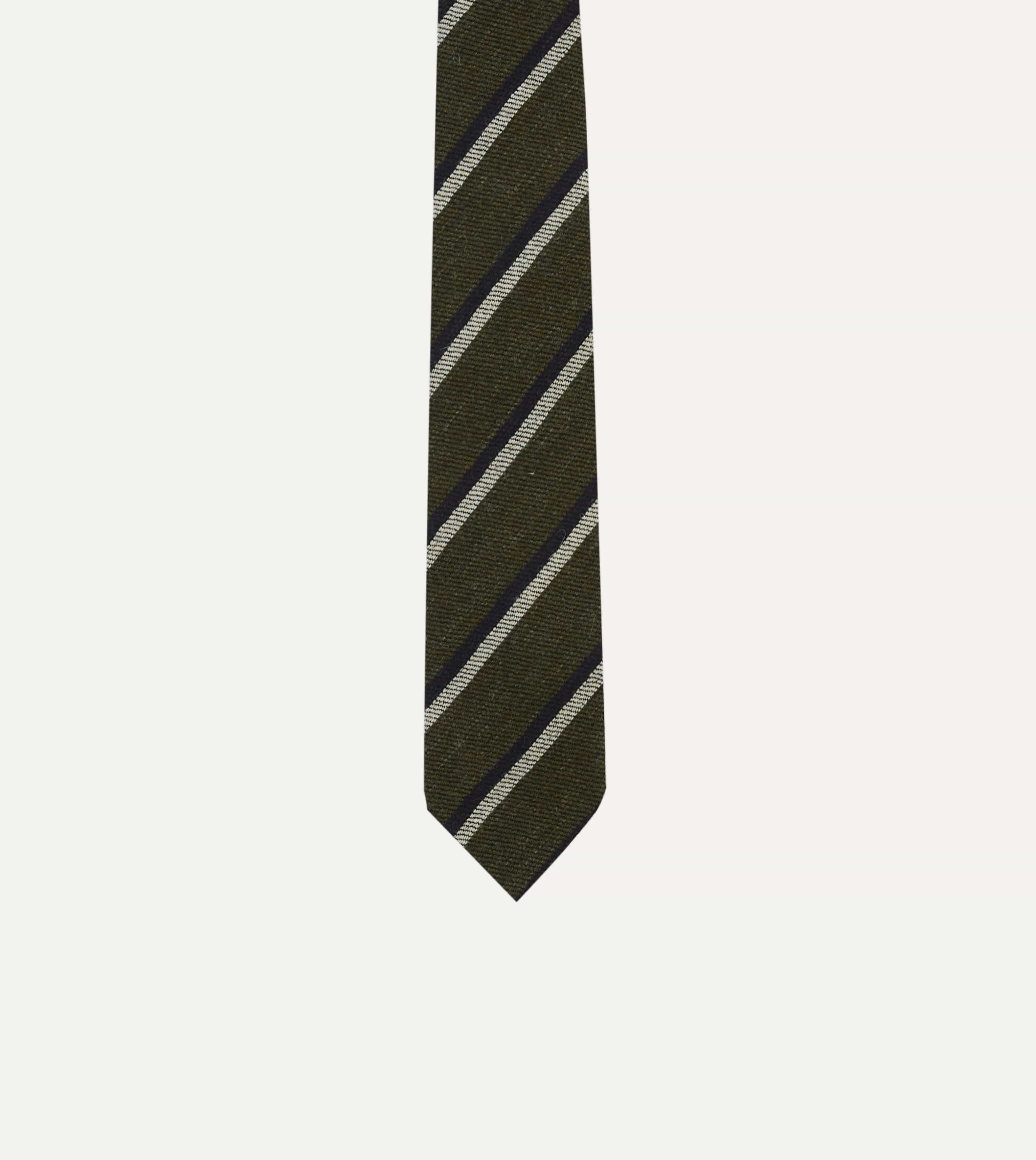 Khaki, White and Navy Double Stripe Tipped Wool Tie - Image 3