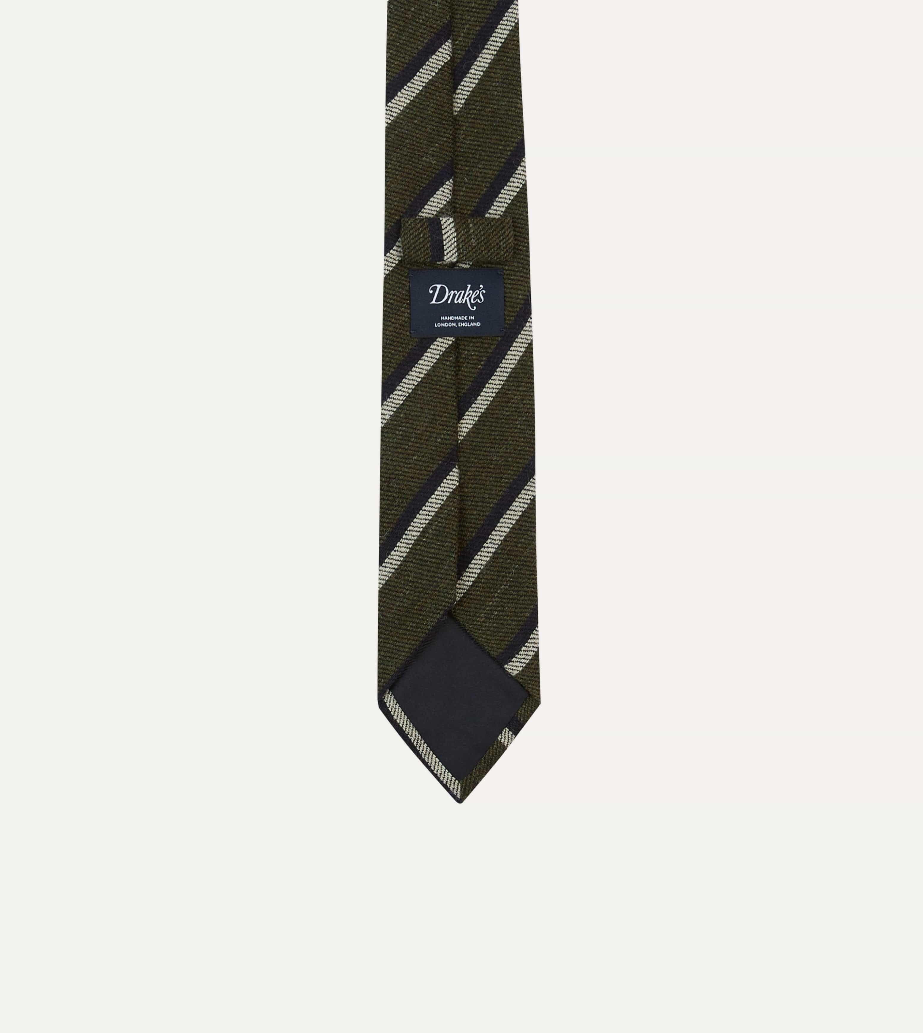 Khaki, White and Navy Double Stripe Tipped Wool Tie - Image 4