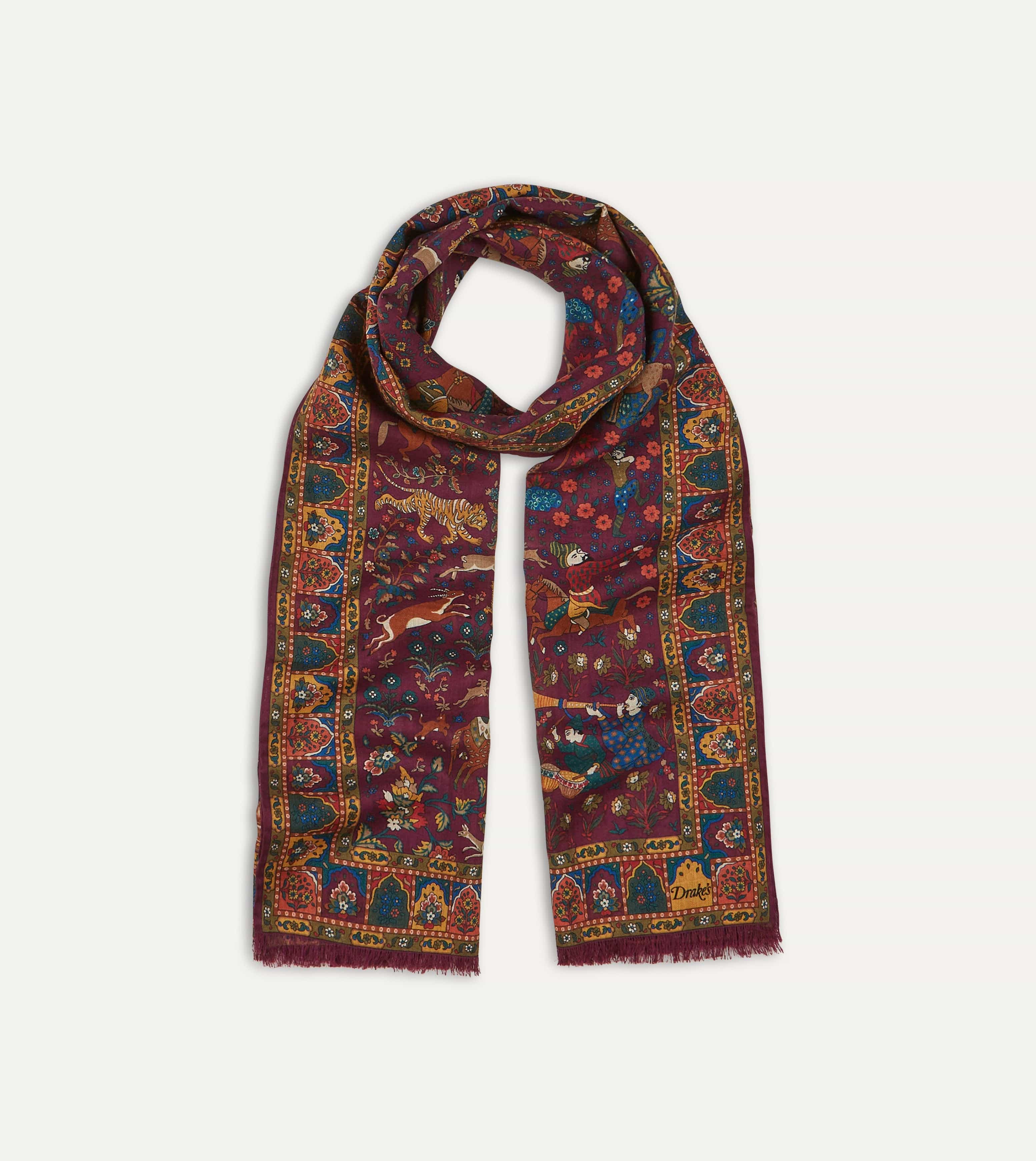 Magenta Mughal Hunter Print Wool-Silk Scarf - Image 3
