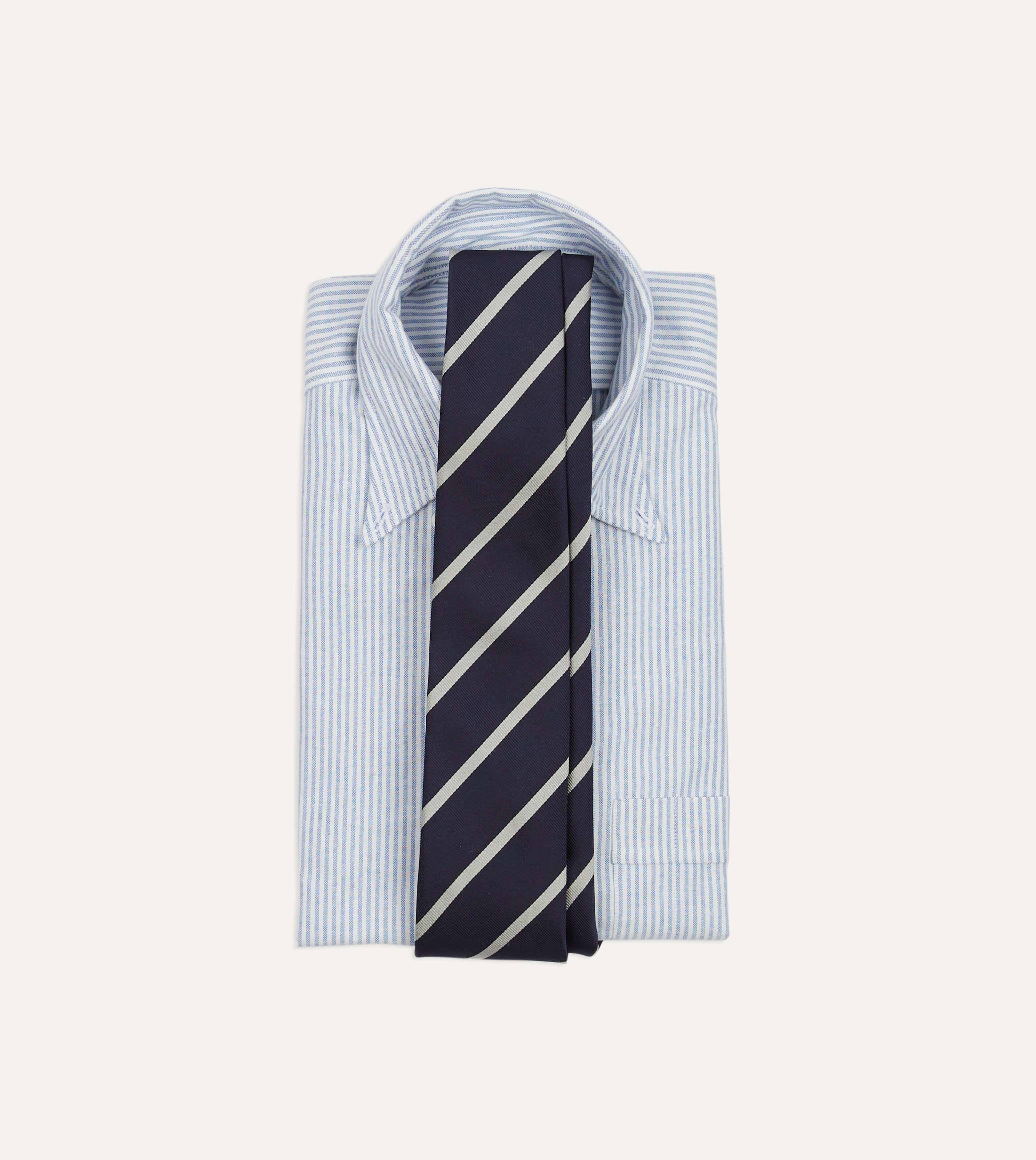 Navy and Ecru Stripe Repp Silk Tie - Image 2