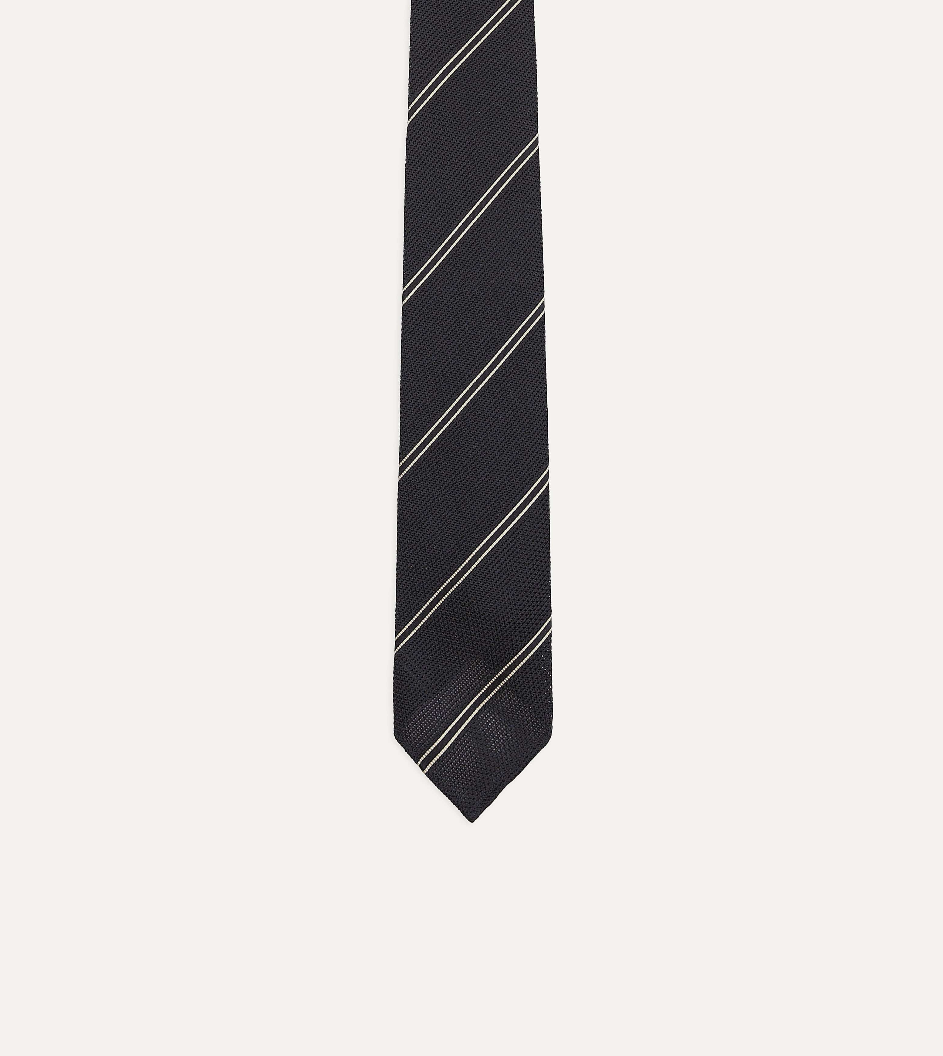 Navy and Silver Sandwich Stripe Hand Rolled Silk Grenadine Tie - Image 3