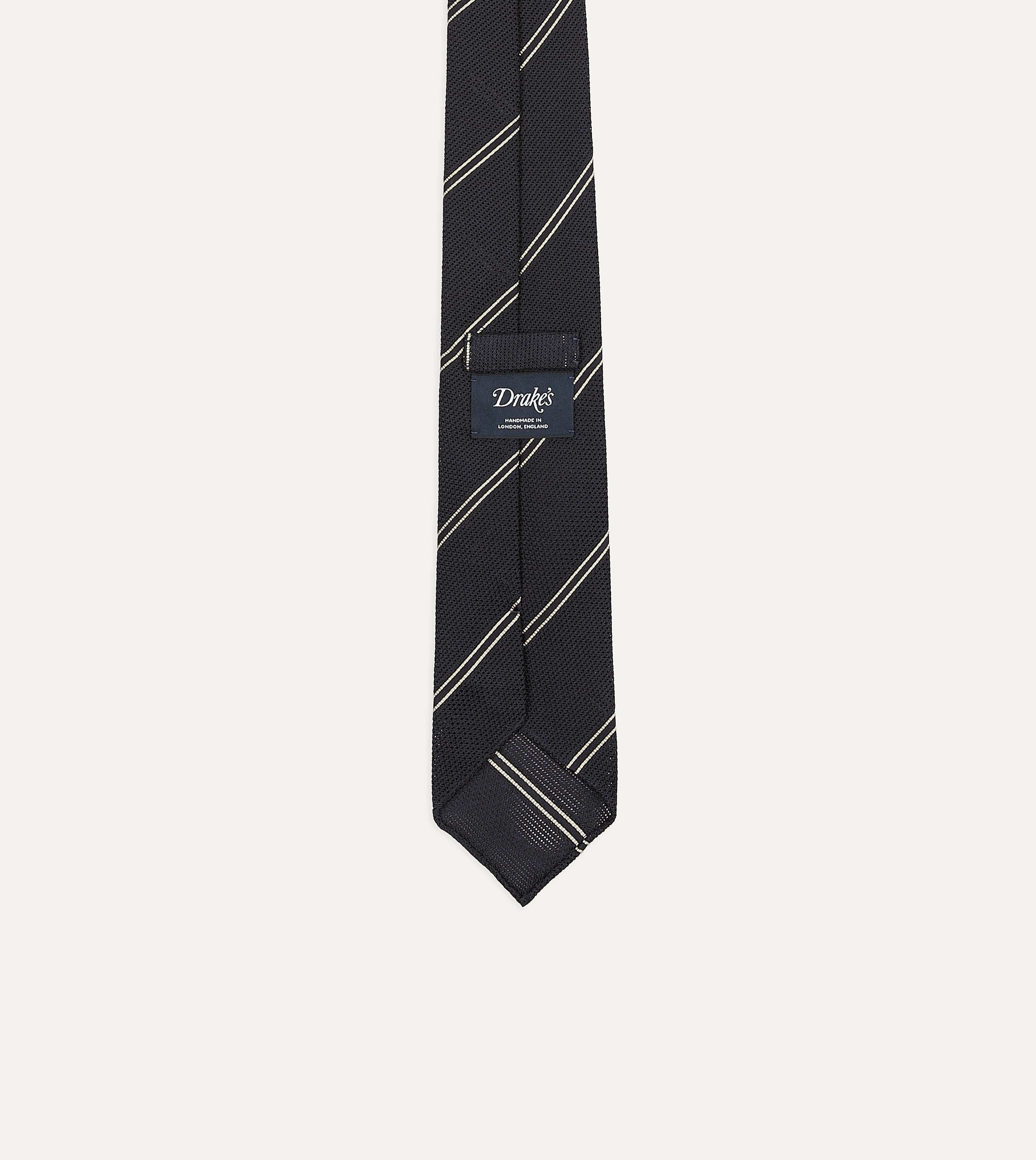 Navy and Silver Sandwich Stripe Hand Rolled Silk Grenadine Tie - Image 4