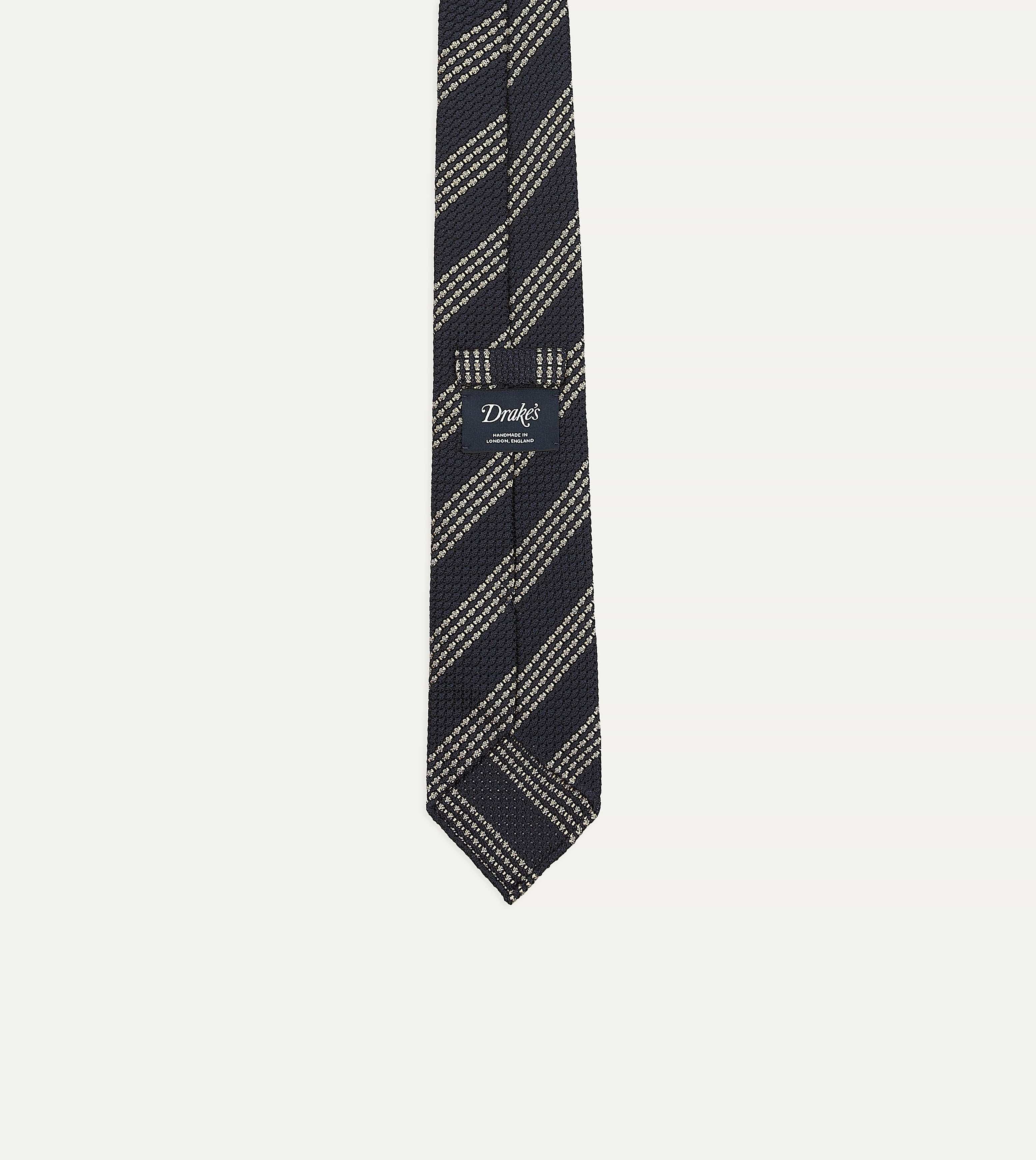 Navy and Silver Stripe Hand Rolled Large Knot Grenadine Tie - Image 3
