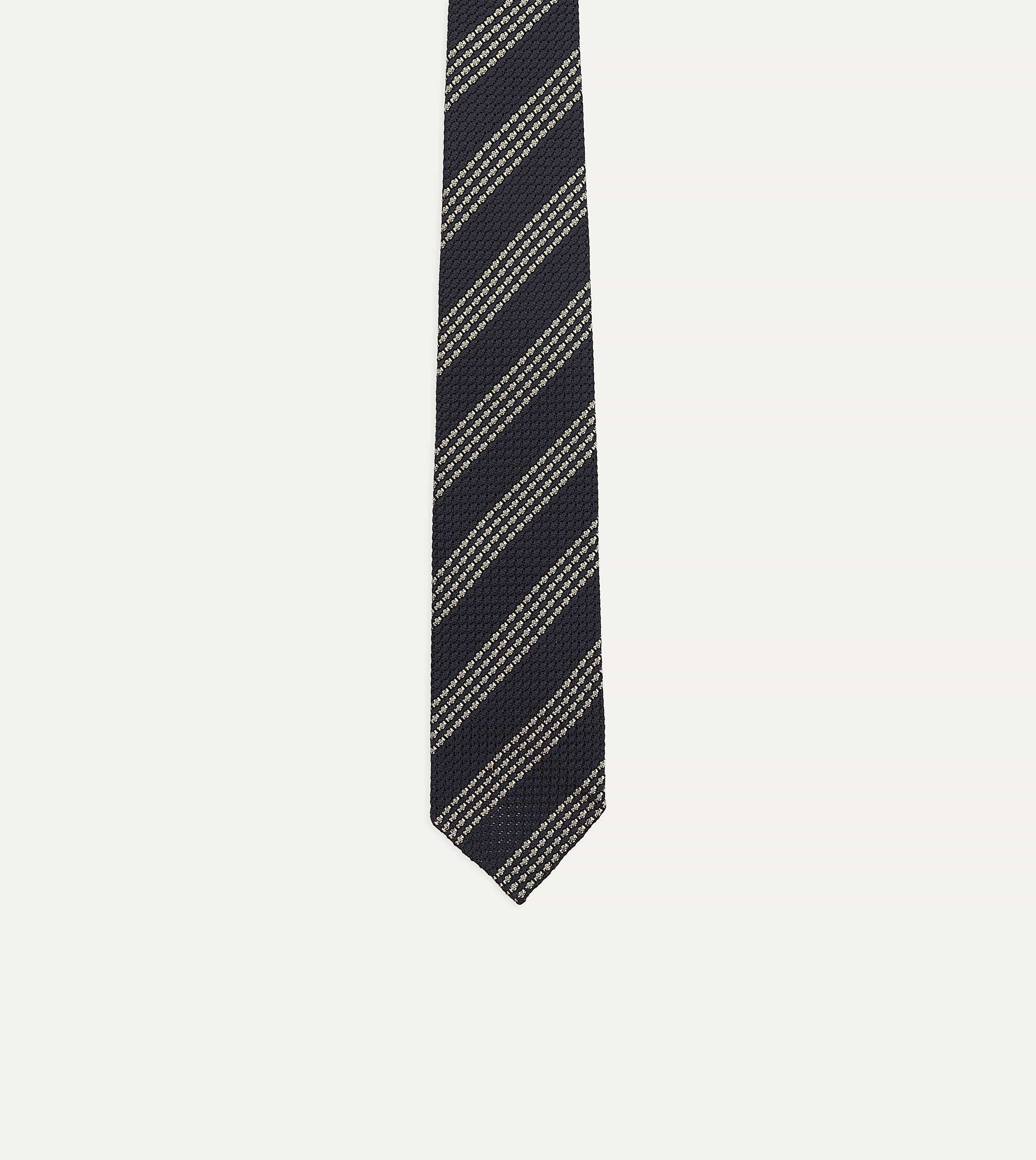 Navy and Silver Stripe Hand Rolled Large Knot Grenadine Tie - Image 4