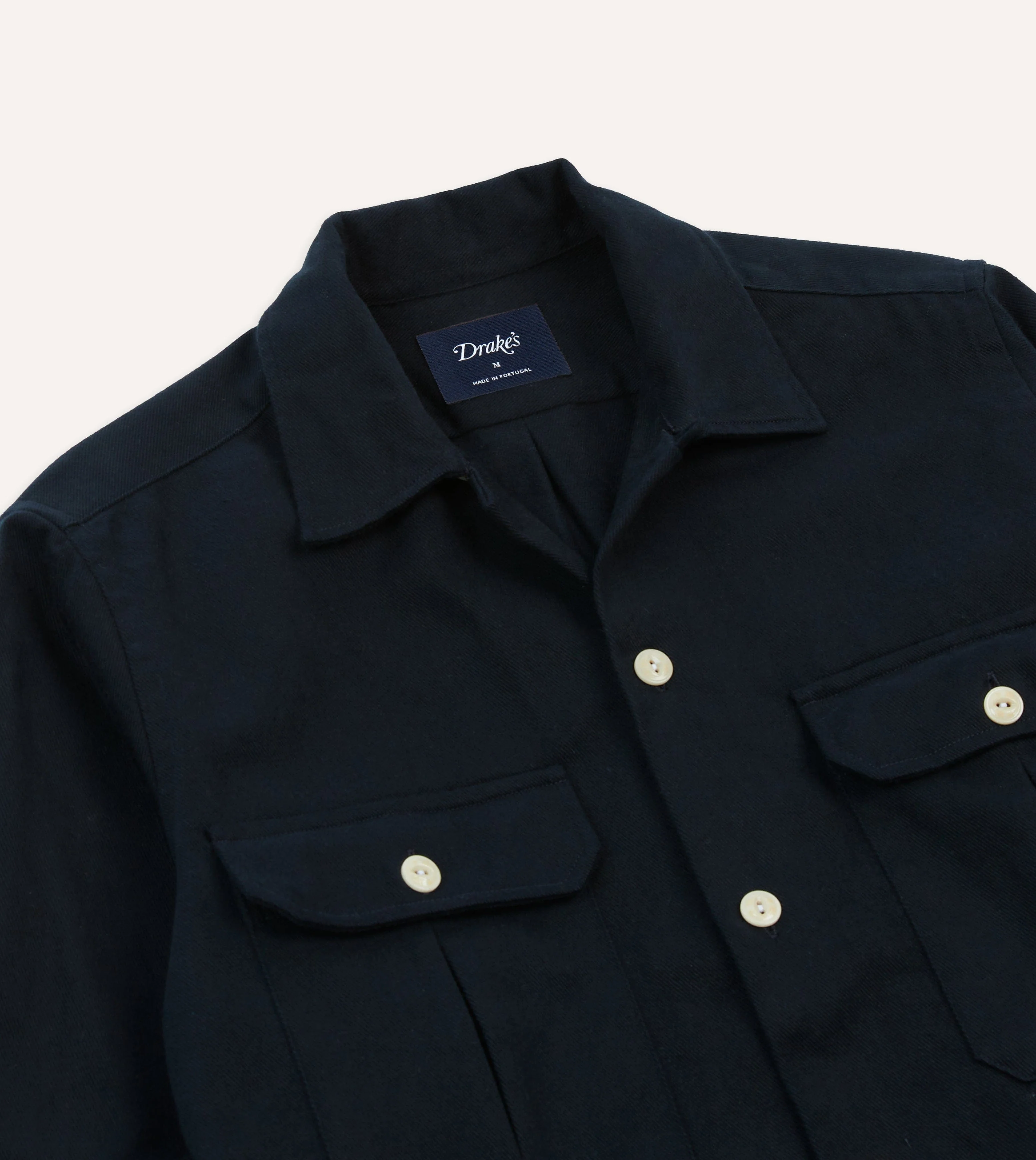 Navy Brushed Cotton Twill Two-Pocket Camp Collar Work Shirt - Image 3