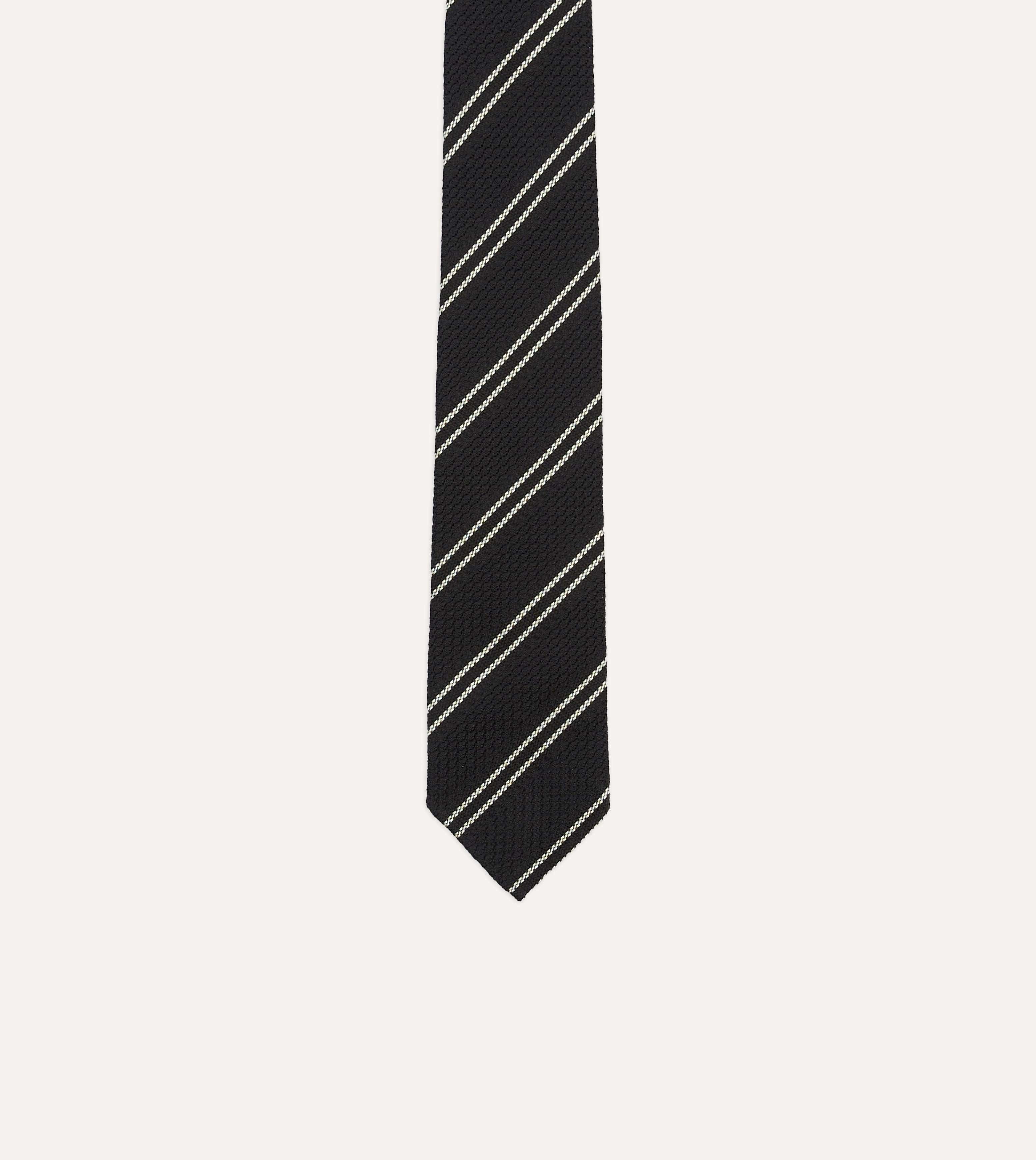 Navy Double Stripe Hand Rolled Silk Grenadine Tie - Image 3