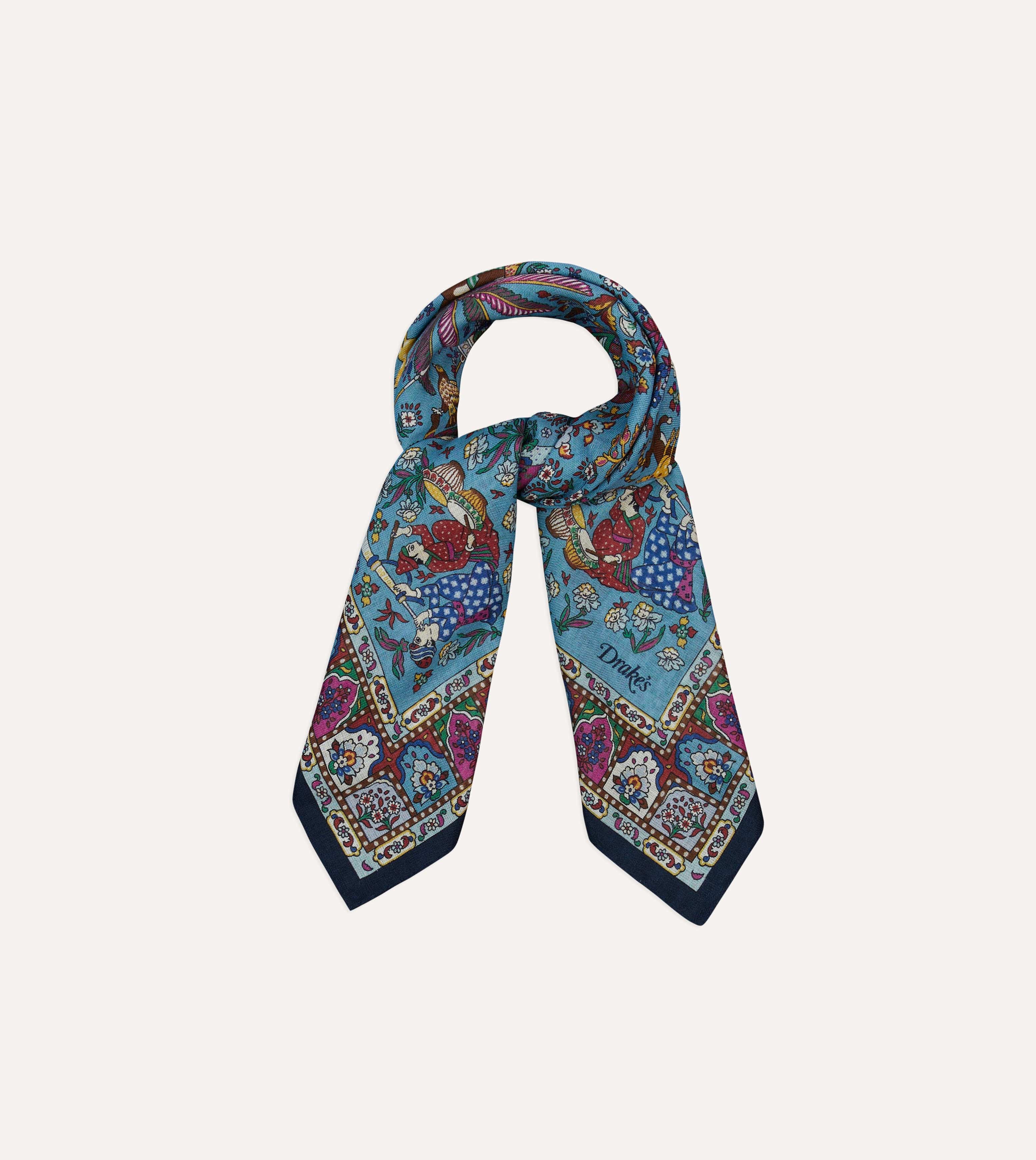 Navy Floral Mughal Print Wool-Silk Bandana - Image 5