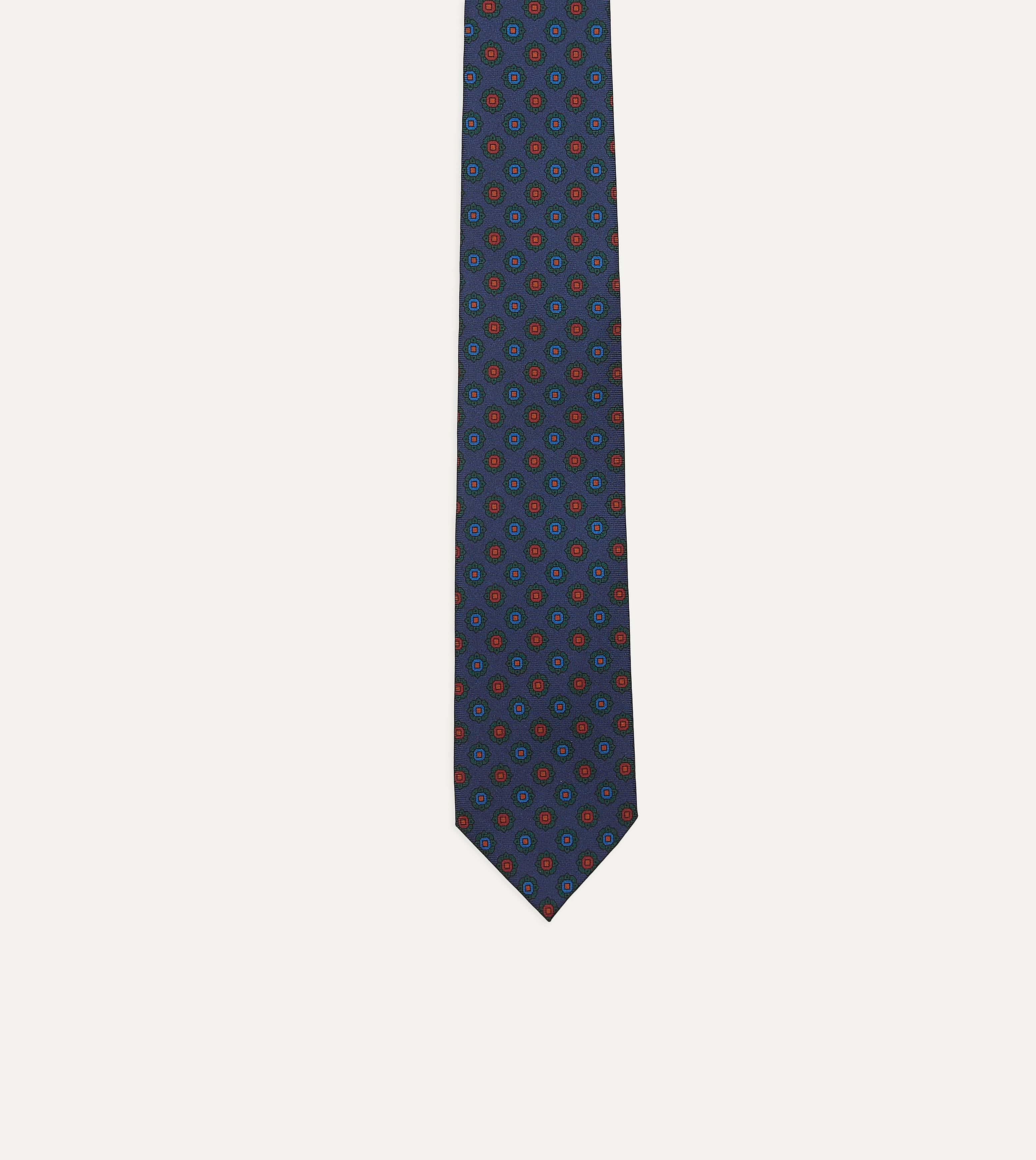 Navy Flower Medallion Print Silk Twill Self Tipped Tie - Image 3