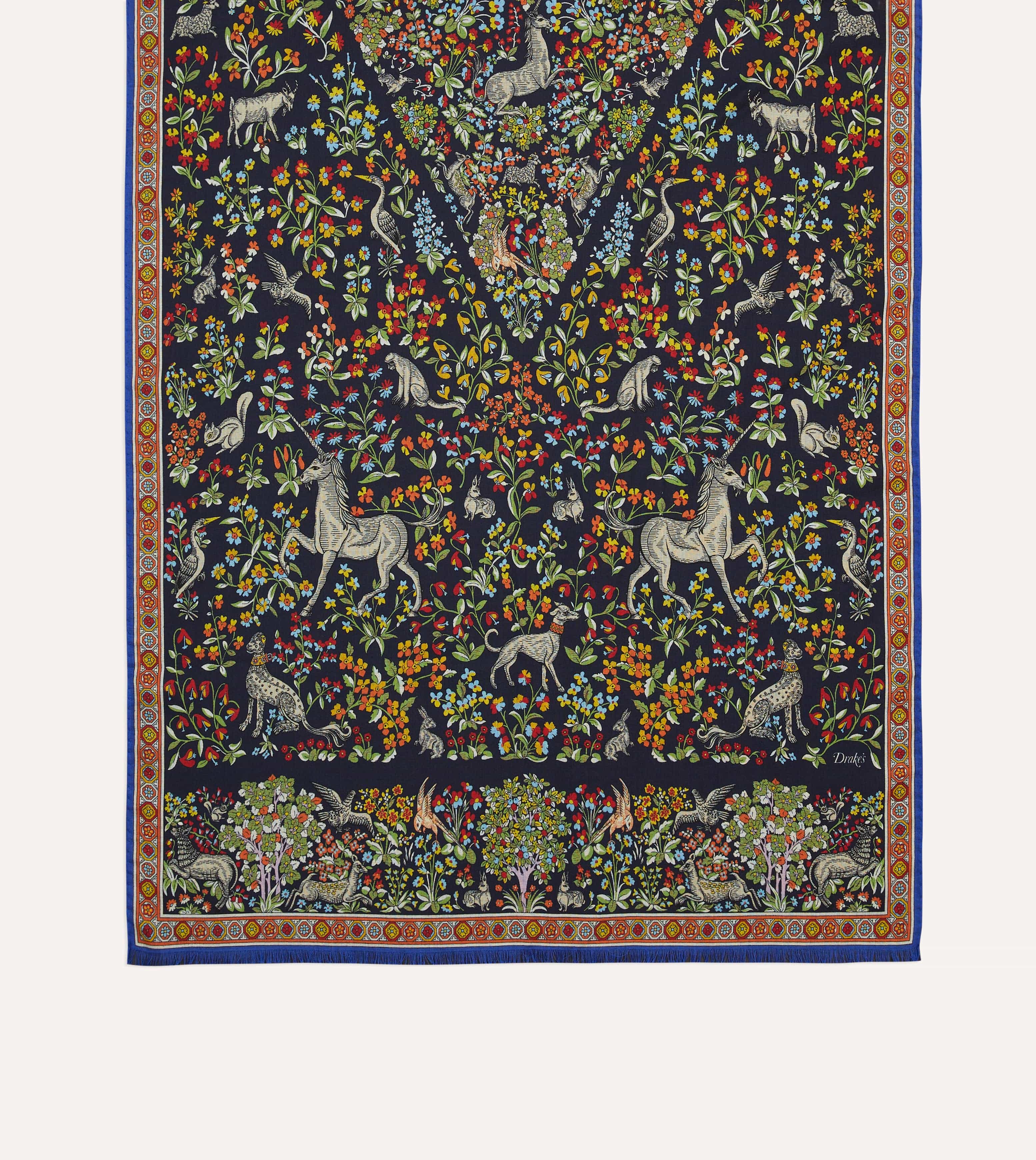 Navy Forest Animals Print Wool-Silk Scarf - Image 3