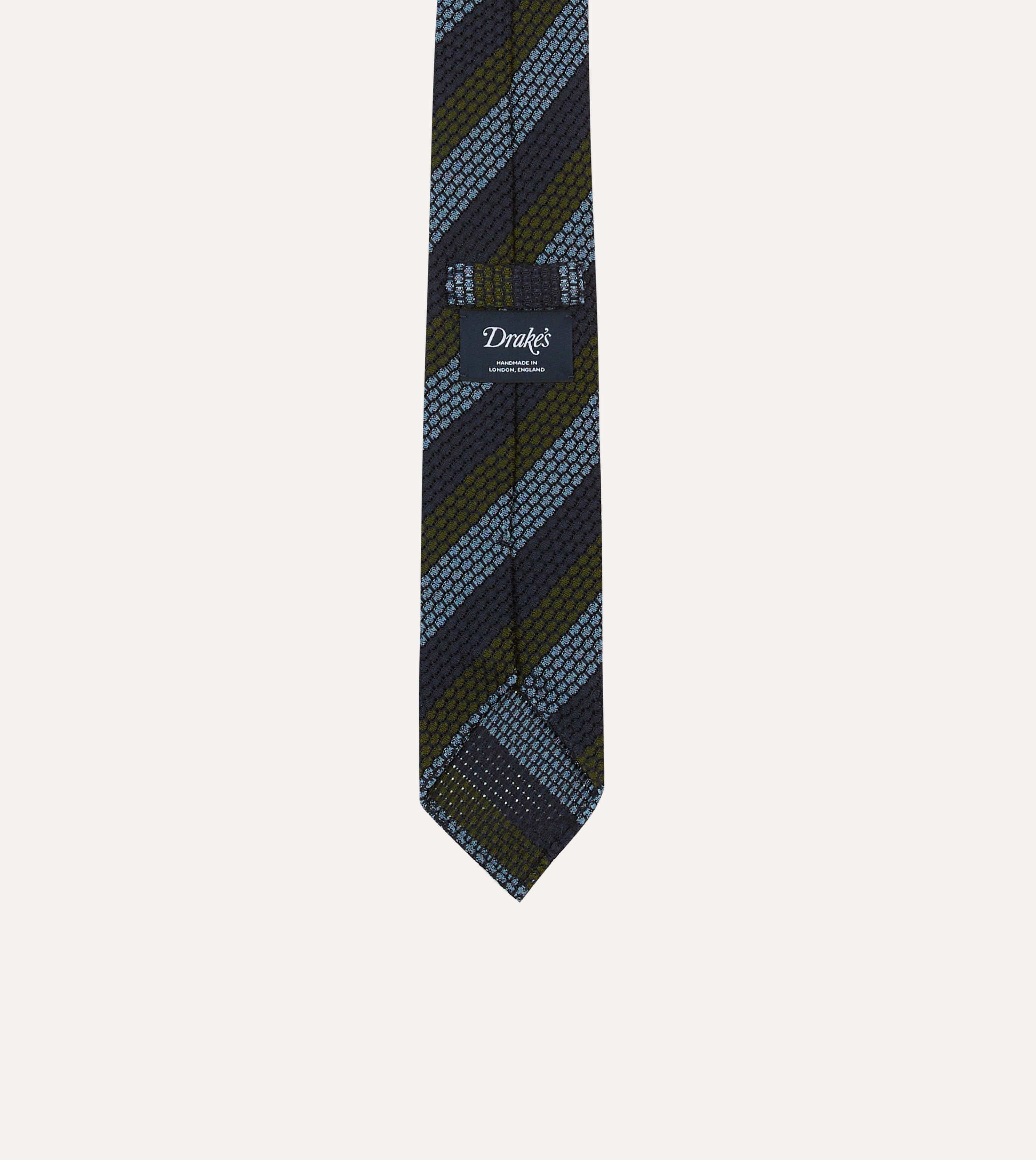 Navy, Green and Blue Block Stripe Hand Rolled Silk Grenadine Tie - Image 4