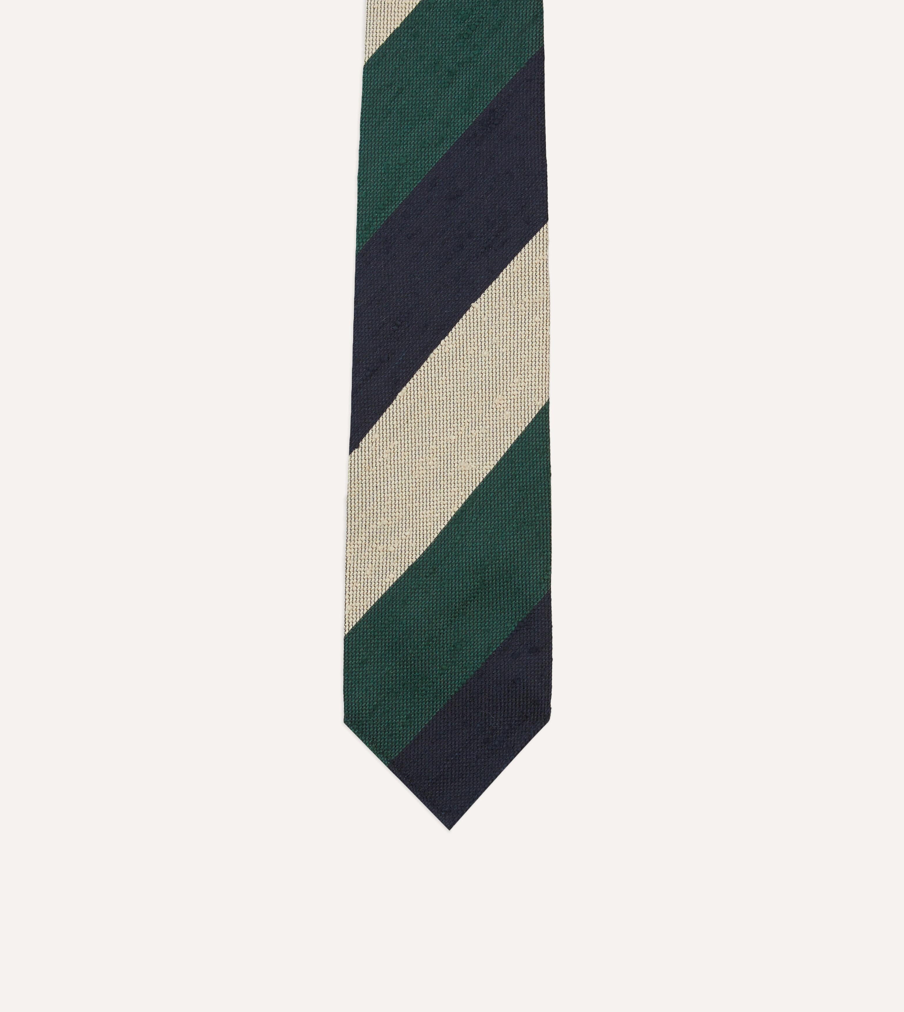 Navy, Green and Ecru Block Stripe Shantung Silk Tie - Image 3