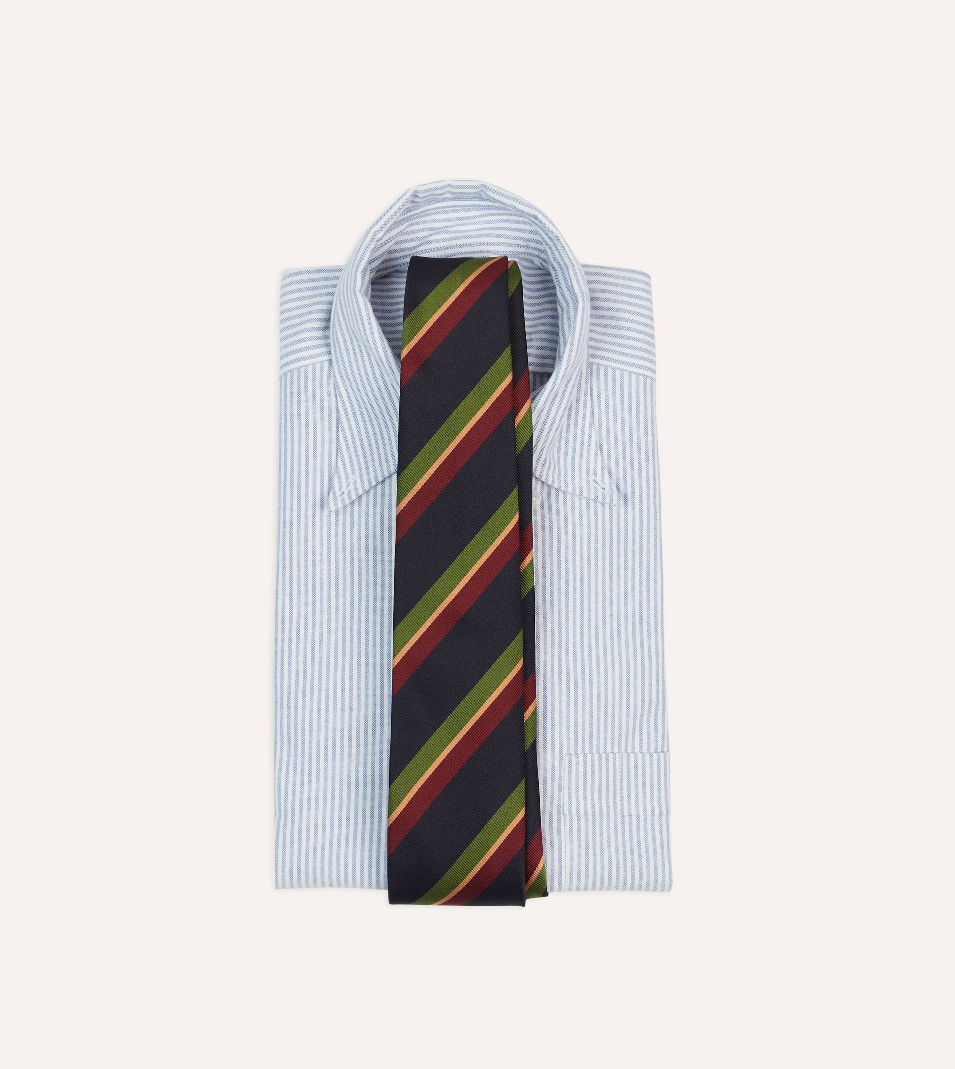 Navy, Green and Red Sandwich Stripe Repp Silk Tipped Tie - Image 2