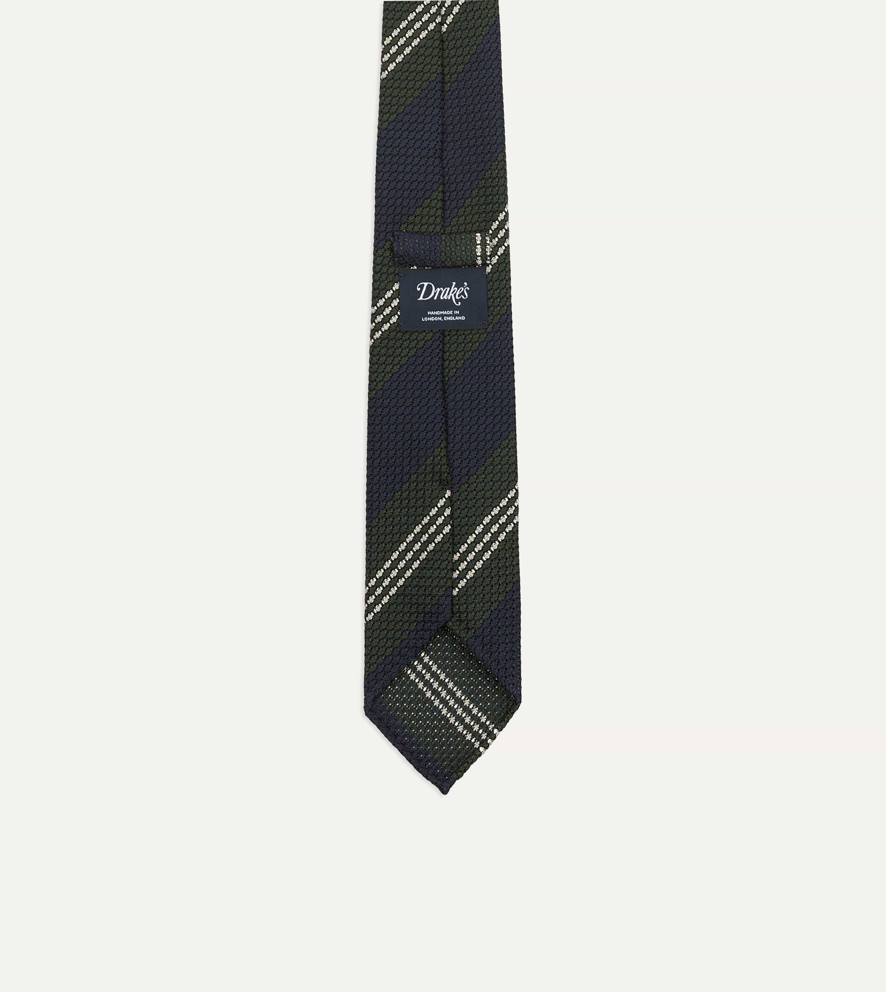 Navy, Green and White Multi Stripe Silk Grenadine Tie - Image 3