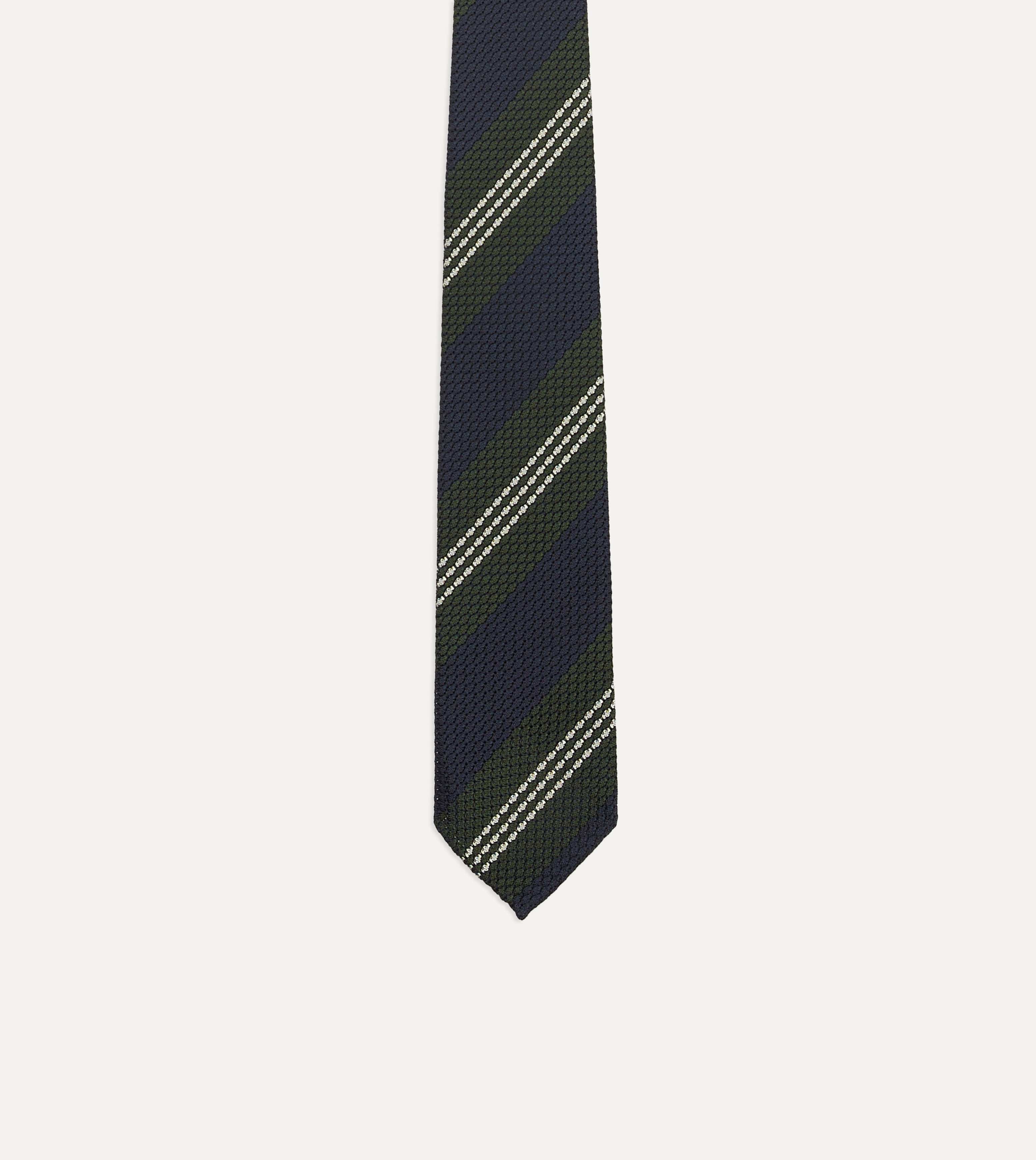Navy, Green and White Multi Stripe Silk Grenadine Tie - Image 4