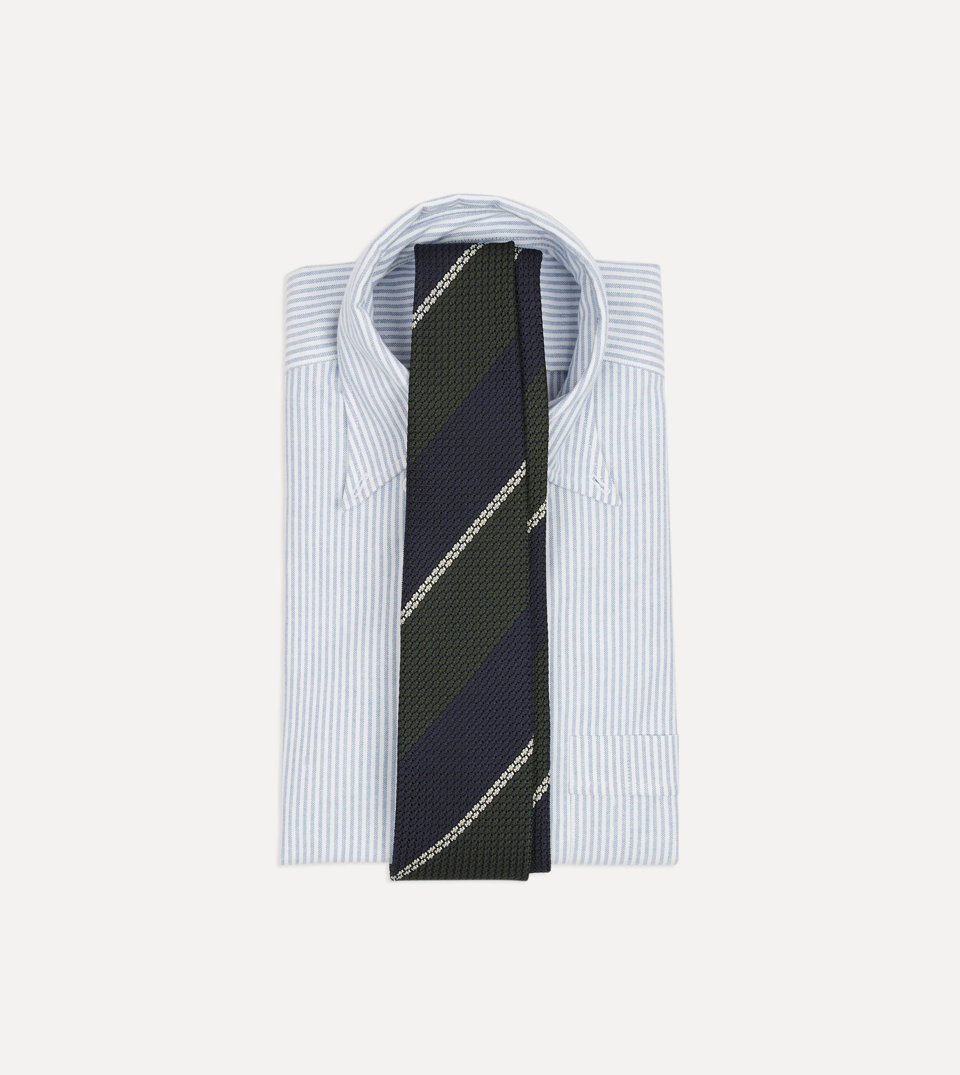 Navy, Green and White Stripe Silk Grenadine Tie - Image 2