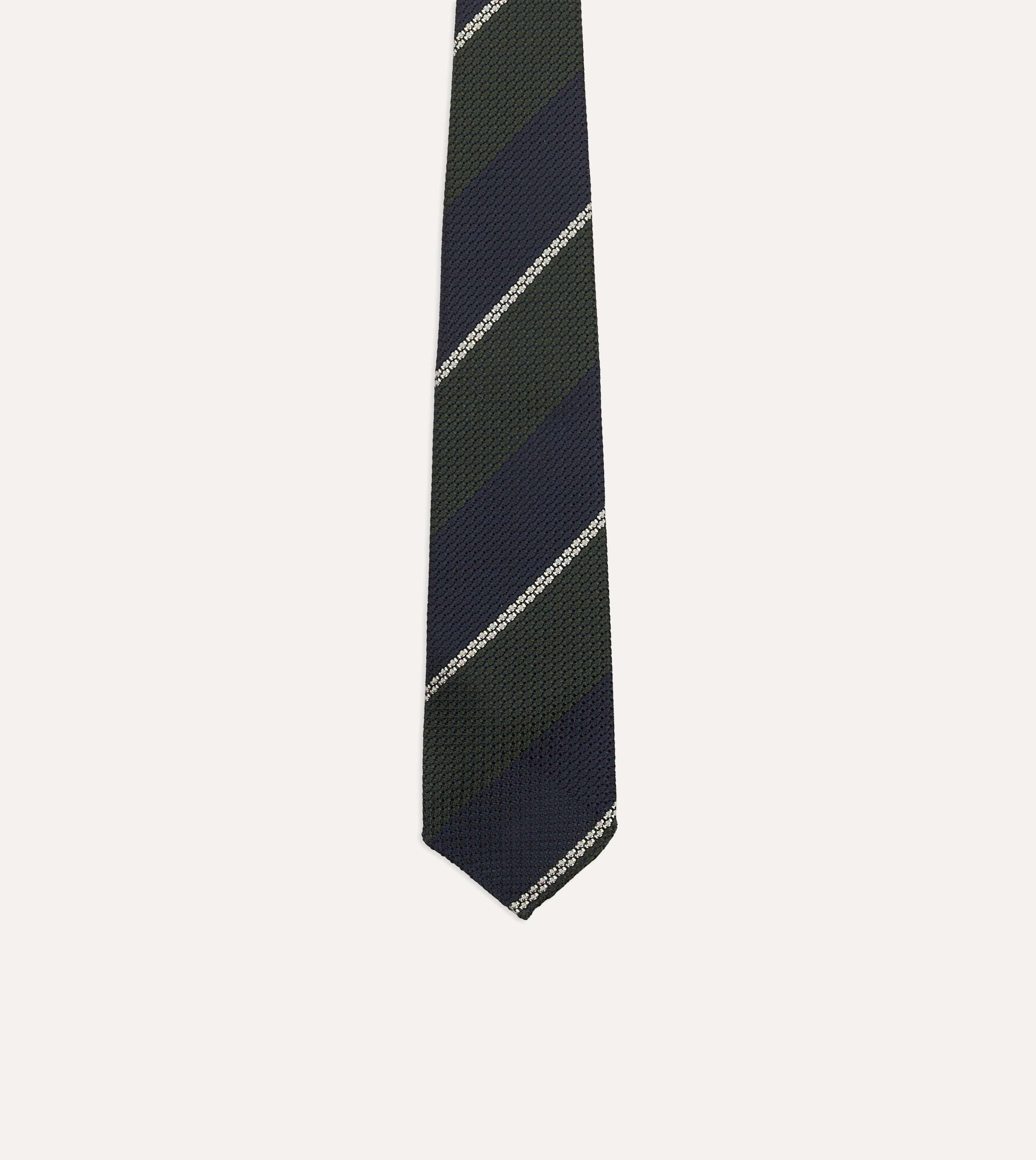 Navy, Green and White Stripe Silk Grenadine Tie - Image 4