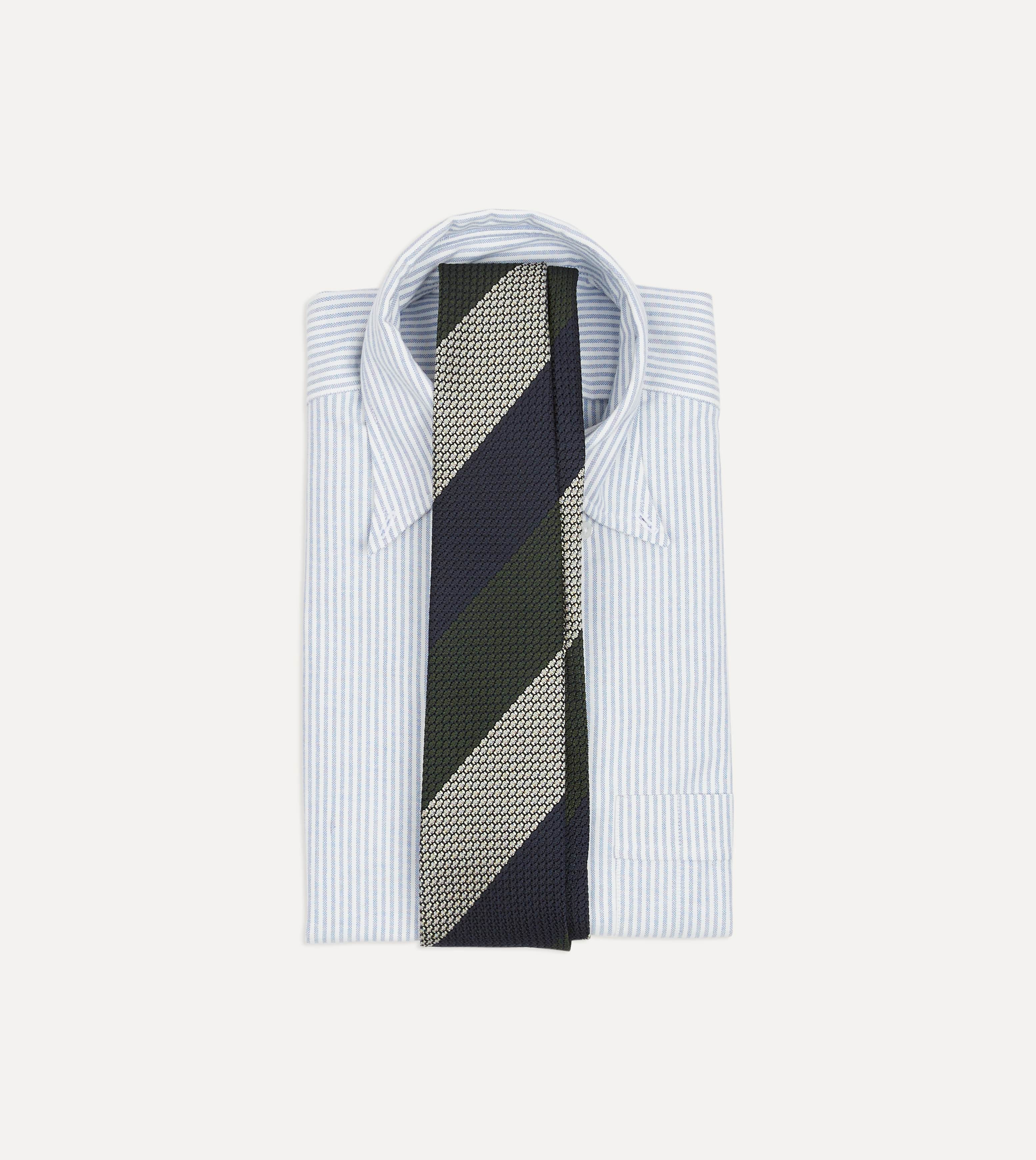 Navy, Green and White Wide Stripe Silk Grenadine Tie - Image 2