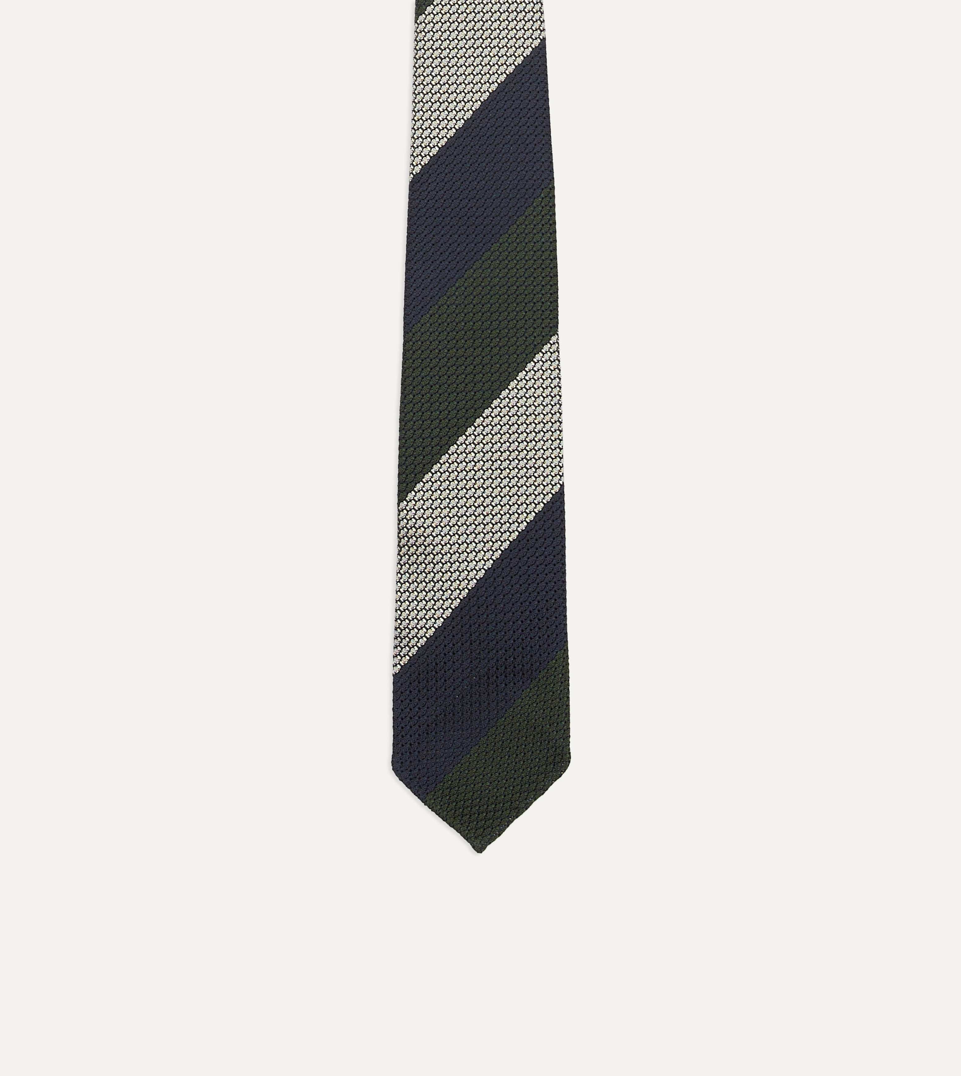 Navy, Green and White Wide Stripe Silk Grenadine Tie - Image 4