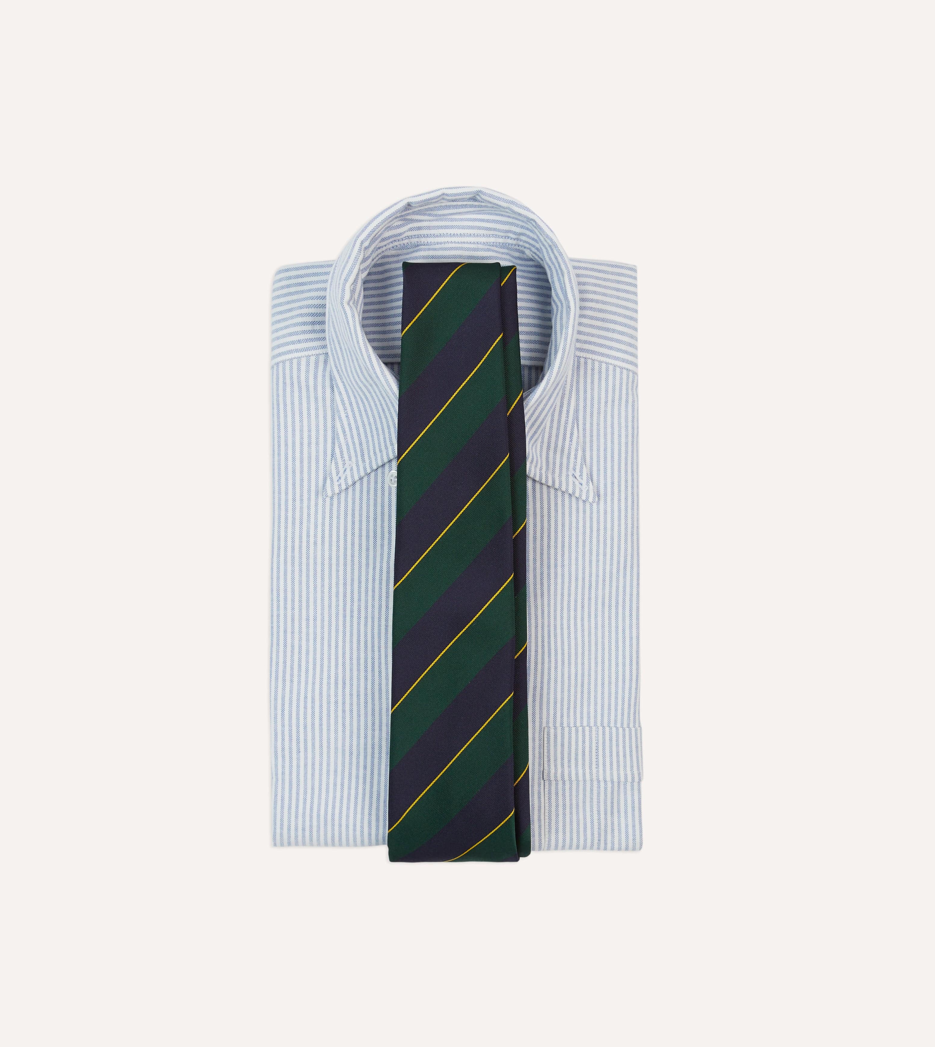 Navy, Green and Yellow Fine Stripe Mogador Silk Tipped Tie - Image 2