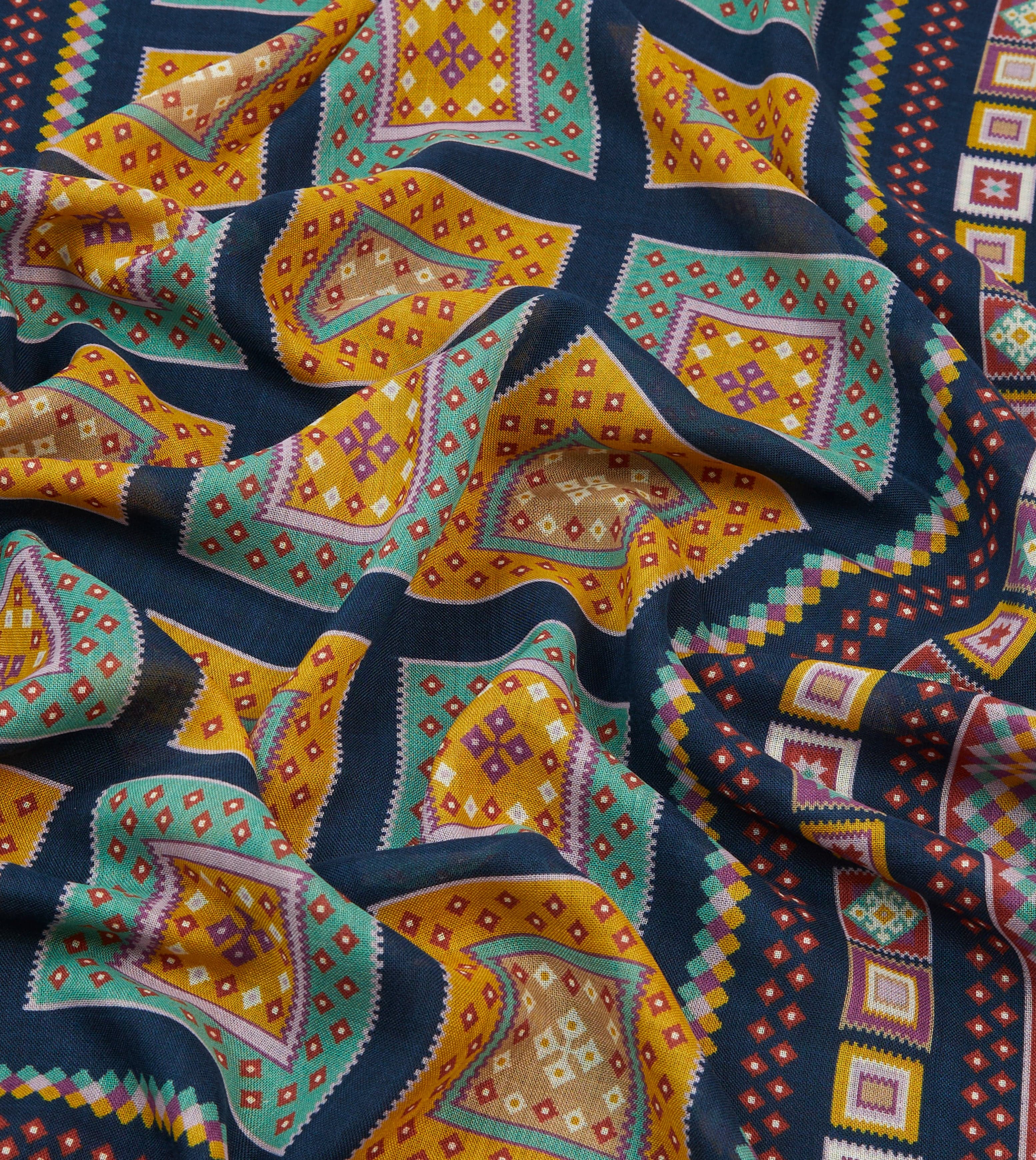 Navy Kilim Blocks Print Wool-Silk Scarf - Image 2