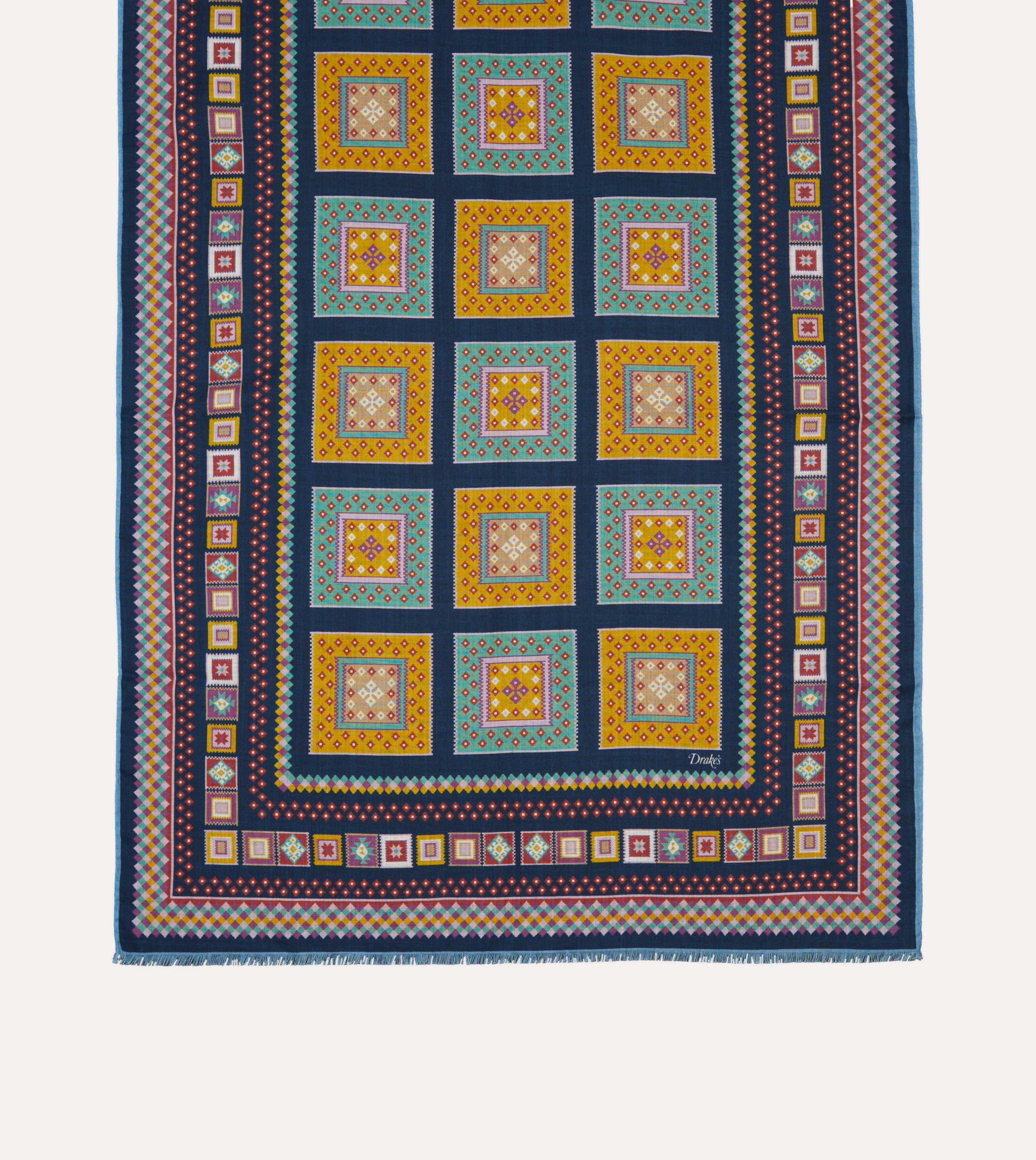Navy Kilim Blocks Print Wool-Silk Scarf - Image 3