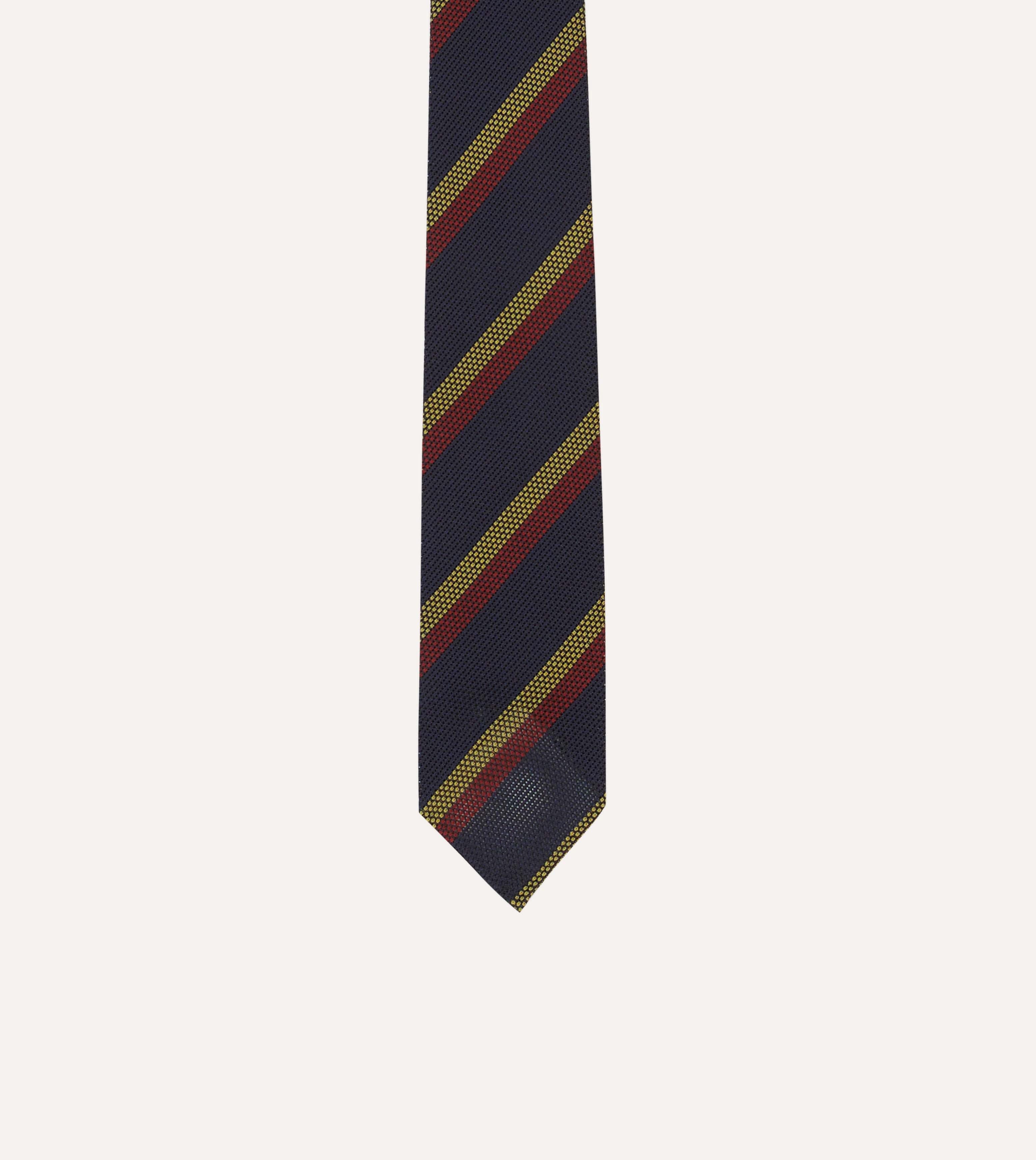 Navy, Red and Gold Double Stripe Hand Rolled Silk Grenadine Tie - Image 3