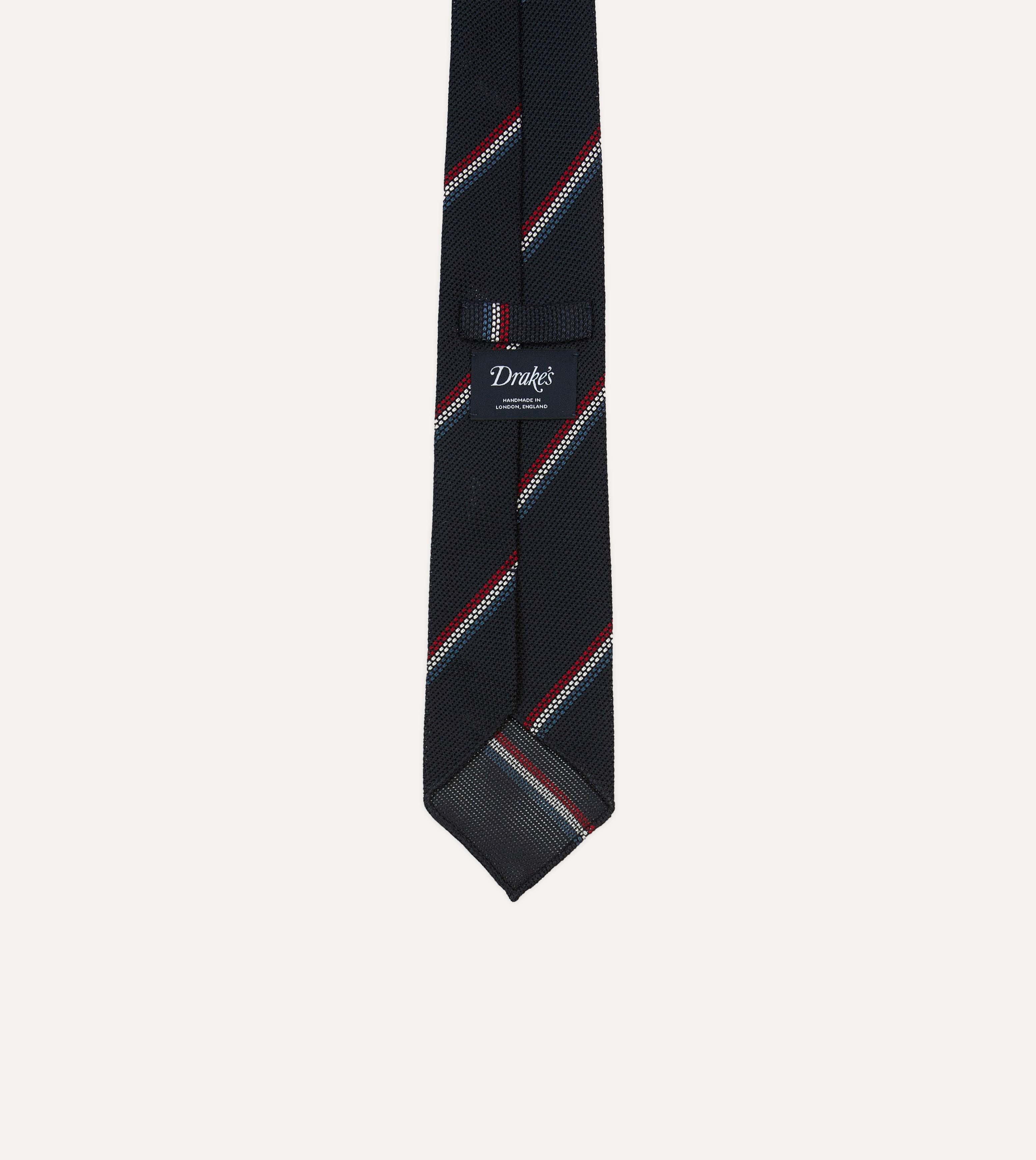 Navy, Red and White Stripe Silk Grenadine Tie - Image 4